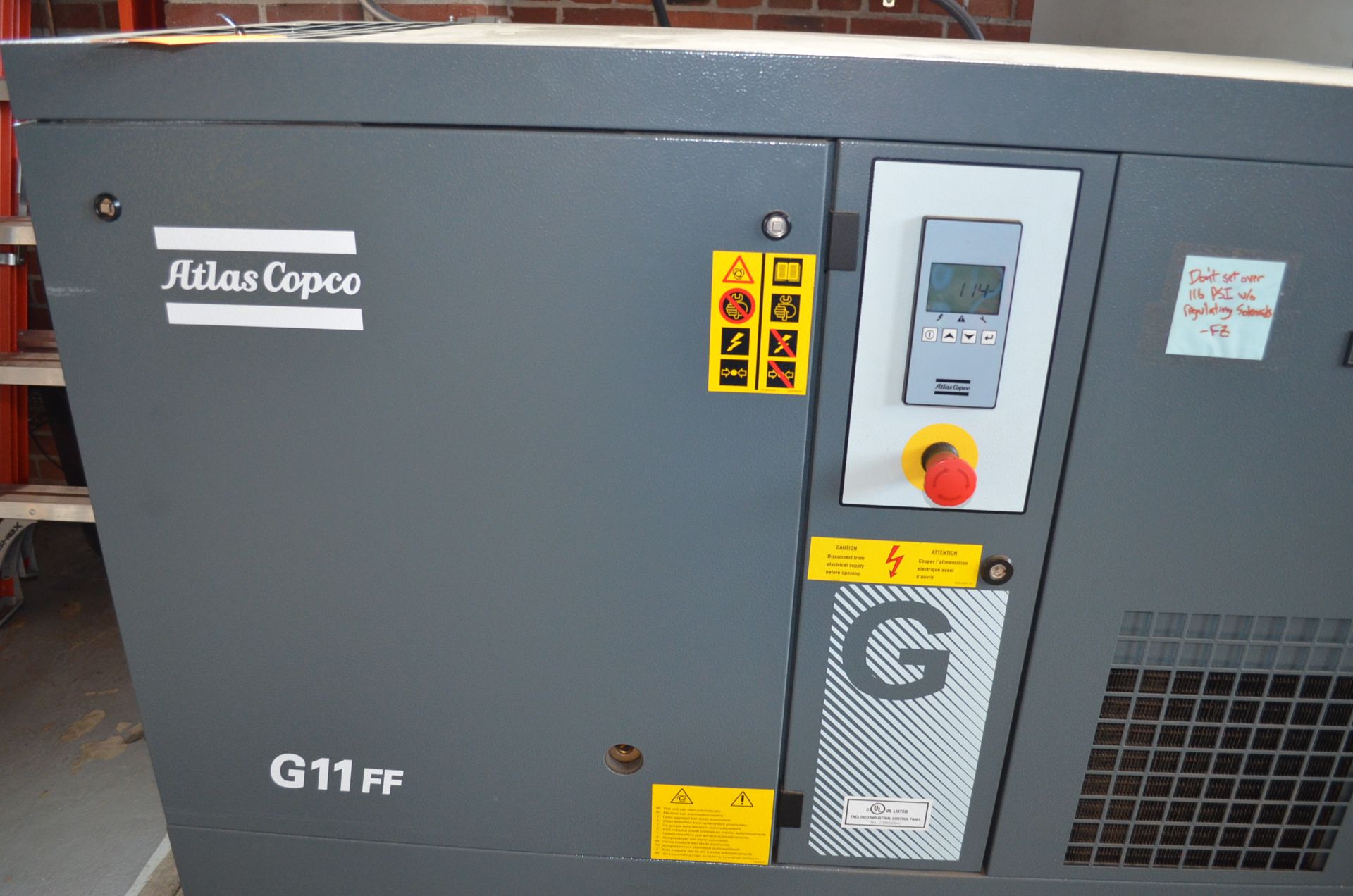 Atlas Copco Mdl G11FF, 15 HP Tank Mounted Rotary Screw Air Compressor. Working Pressure-125 PSIG- - Image 3 of 11