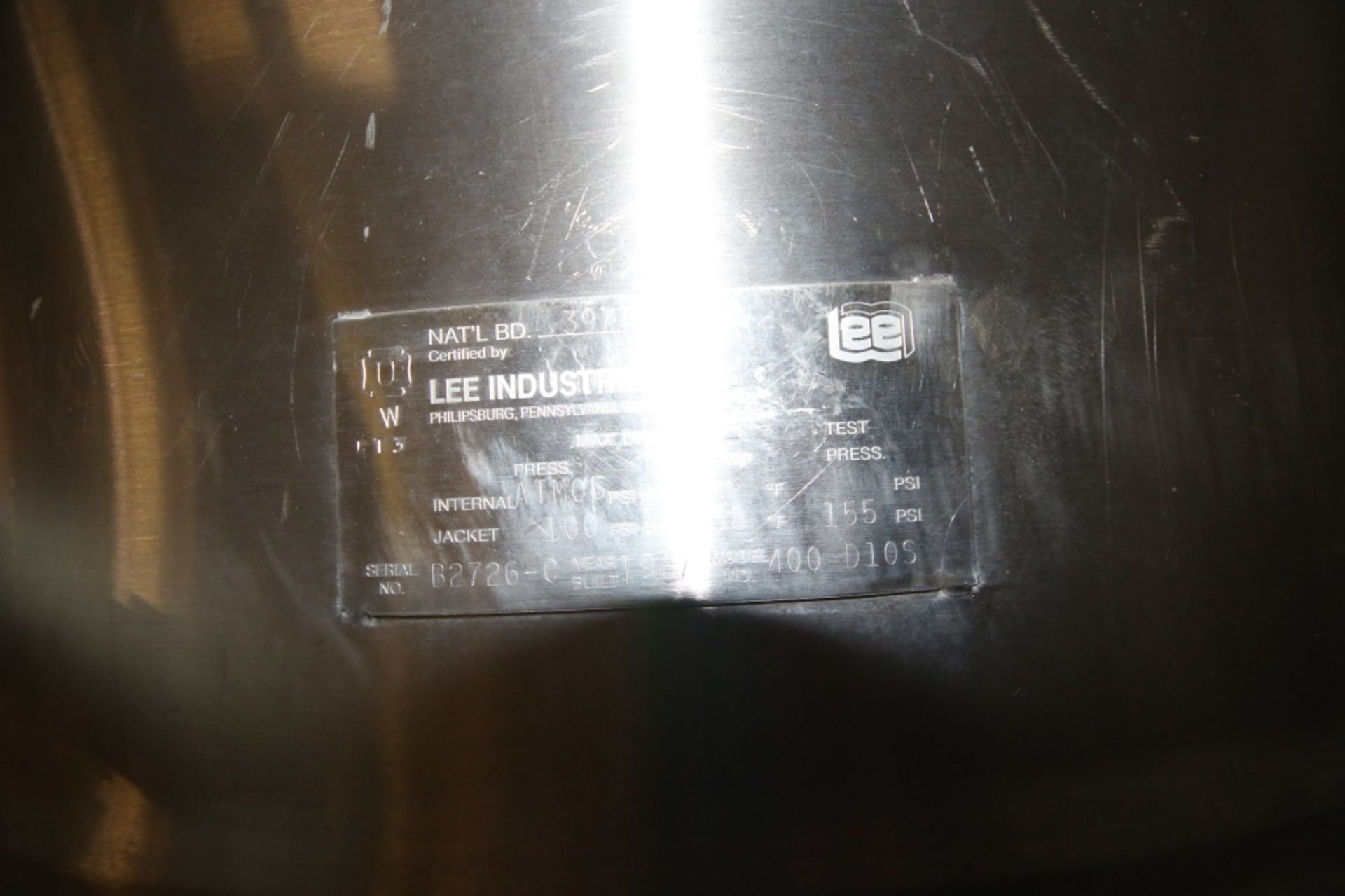 Lee 400 Gal. S/S Kettle,M/N 400 D10S, S/N B2726-C, Jacket 100 PSI @ 338 F 155 PSI, with Top - Image 9 of 13