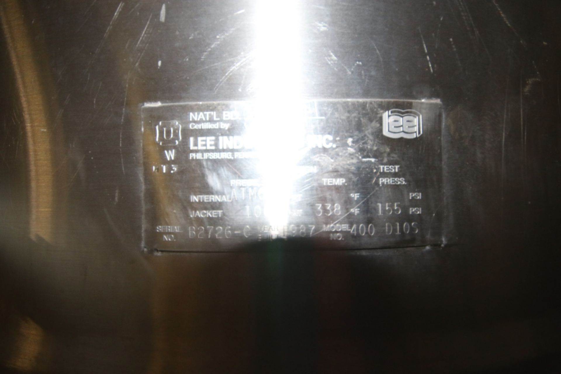 Lee 400 Gal. S/S Kettle,M/N 400 D10S, S/N B2726-C, Jacket 100 PSI @ 338 F 155 PSI, with Top - Image 10 of 13