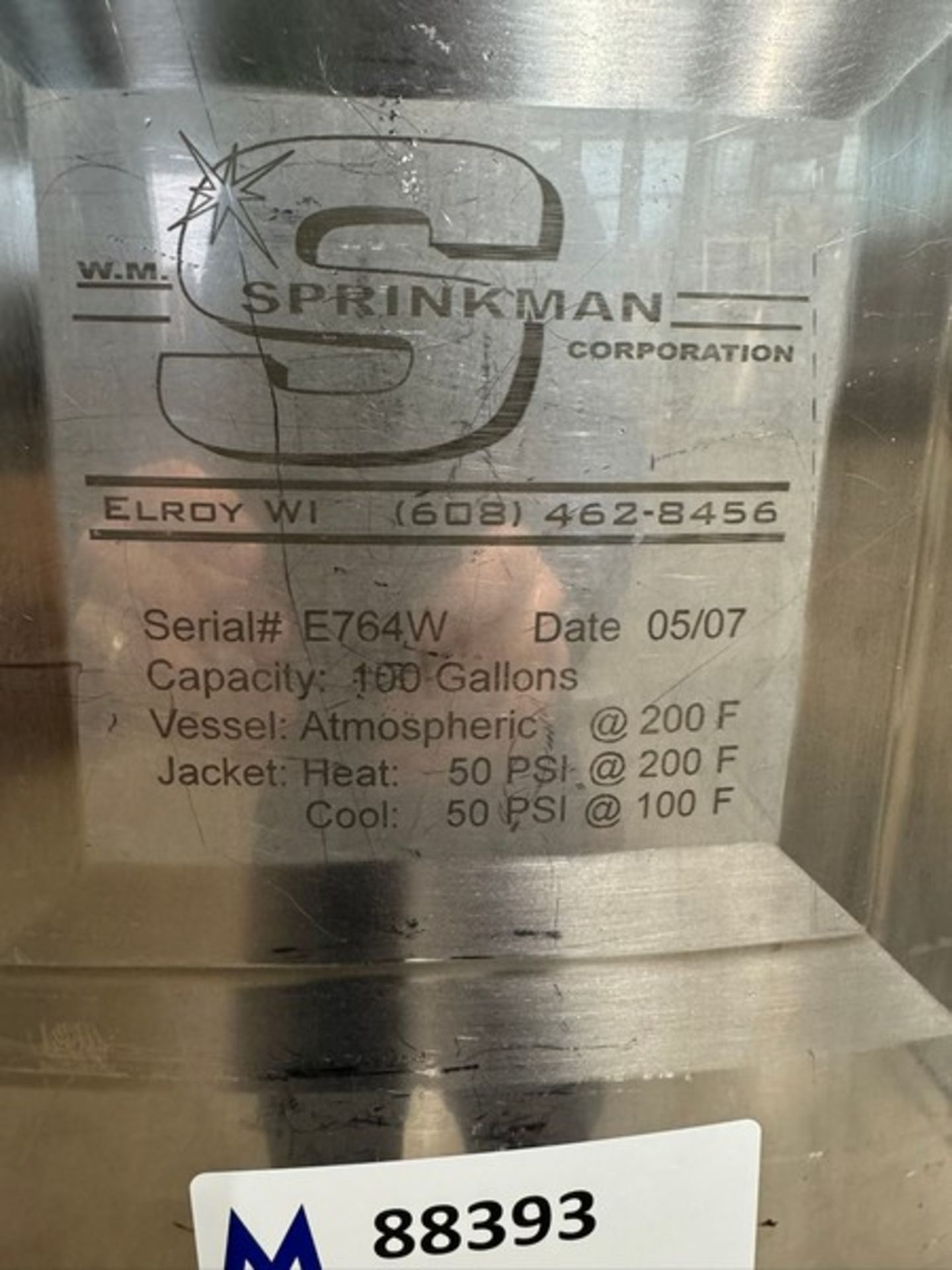 2007 Sprinkman 100 Gal. Jacketed S/S Single Wall Vertical Tank, S/N E764W, Heat: 50 PSI @ 200 F, - Bild 5 aus 11