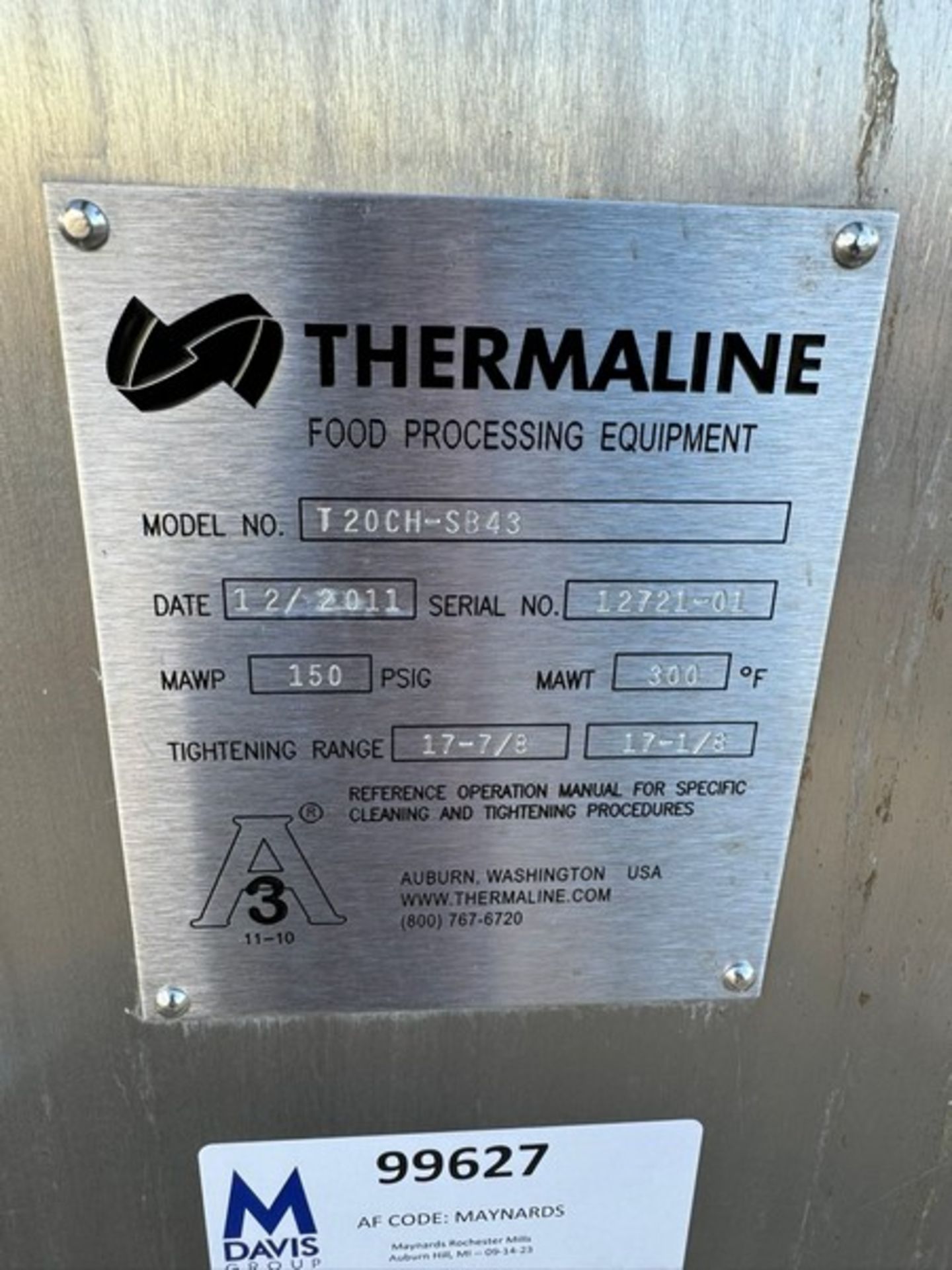 2011 Thermaline 2-Sections S/S Plate HeatExchanger, M/N T20CH-SB43, S/N 12721-01, MAWP 300 F(INV# - Image 4 of 5