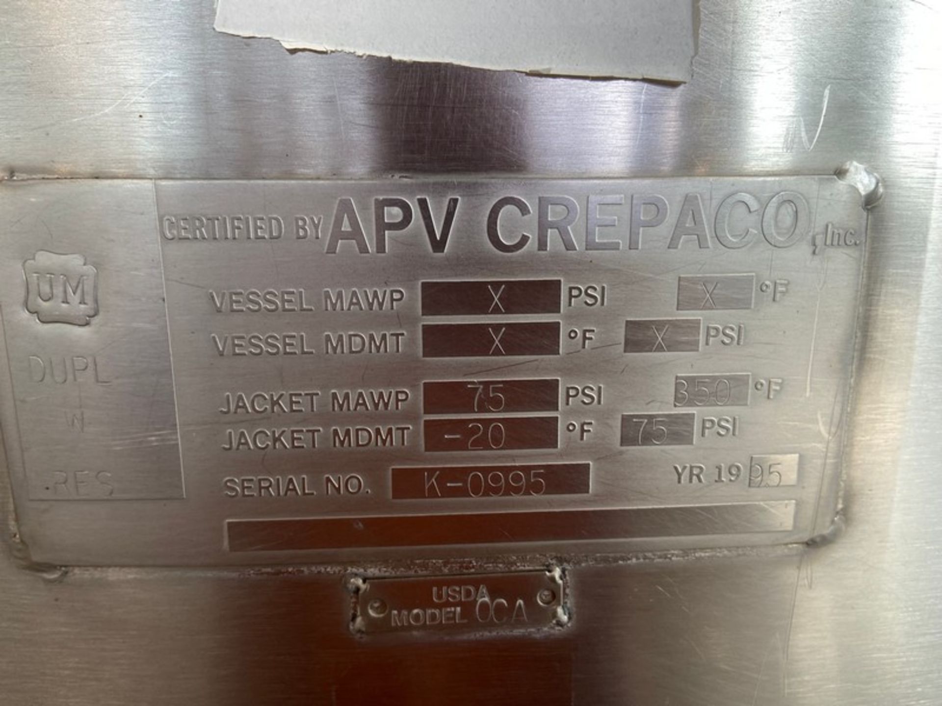 APV Crepaco S/S Cone Kettle, S/N K-0995, Jacket MAWP 75 PSI @ 350 F, Jacket MDMT -20 F 75 PSI, - Image 12 of 12