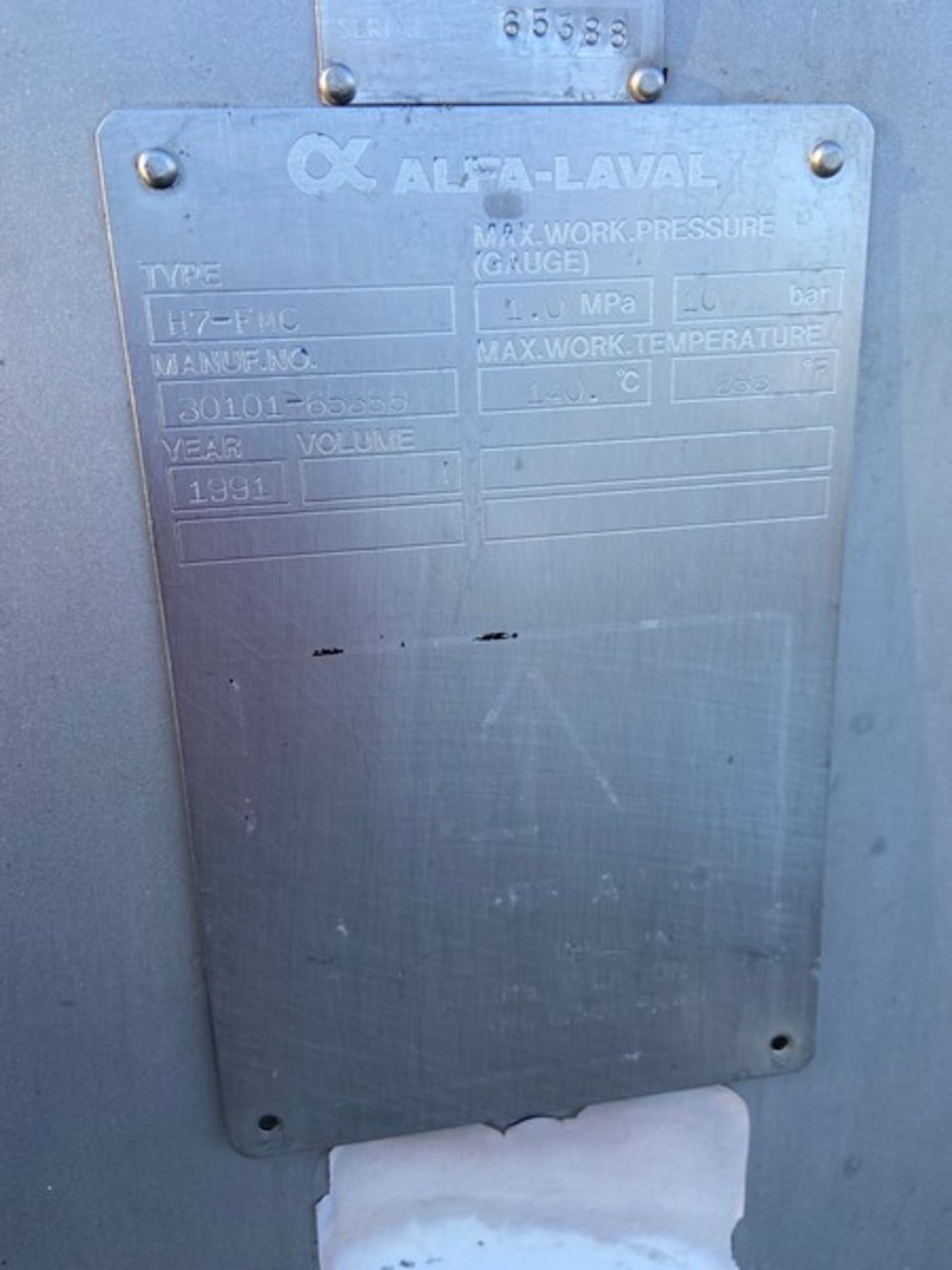 Alfa-Laval 1-Section Plate Press Heat Exchanger,Type H7-FMC, Manuf. No.: 30101-65388, Max. Work - Bild 5 aus 6
