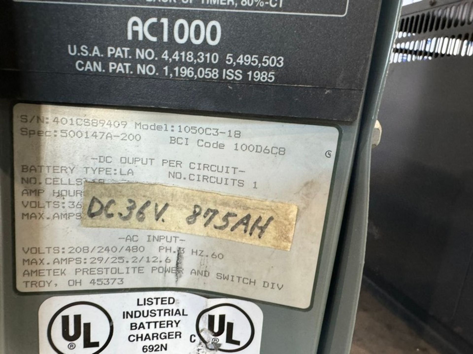 Hobart Accu-Charge Forklift Battery Charger,M/N 1050C3-1B, S/N 401CS89409, with Gray Connector ( - Image 4 of 5