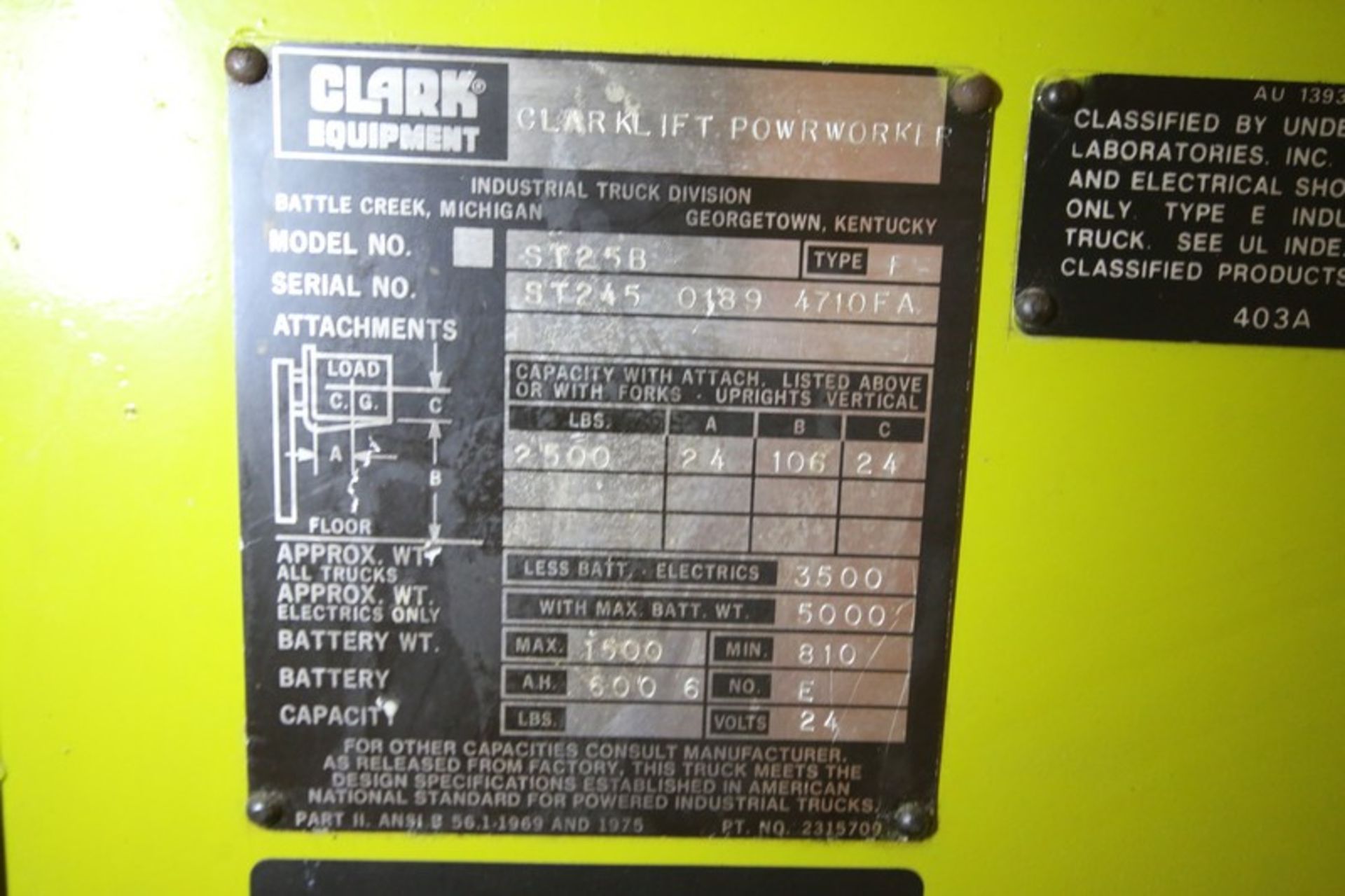 Clark 2,500 lbs. Capacity Walk Behind 24V Electric Forklift, Model St25B, SN ST24501894710FA, with - Image 6 of 8