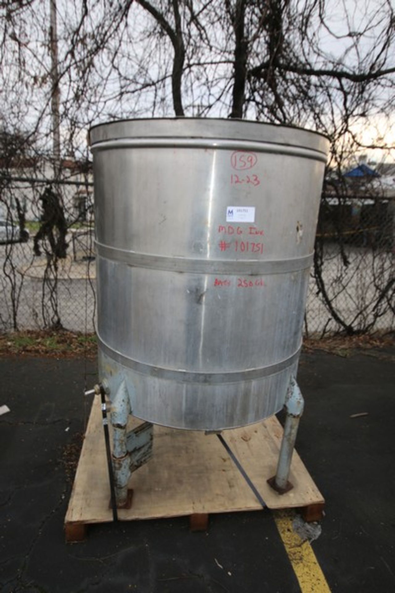 Aprox. 250 Gallon S/S Vertical Tank with Open Top, 2" Bottom Connection, Steel Legs (INV#101751) (