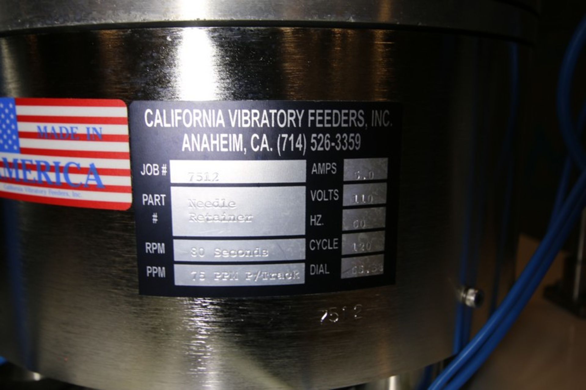 California 12" Vibratory S/S Cap Feeder, Model IN060, PN Needle Retainer, Job #7512, 110V, with - Image 11 of 12