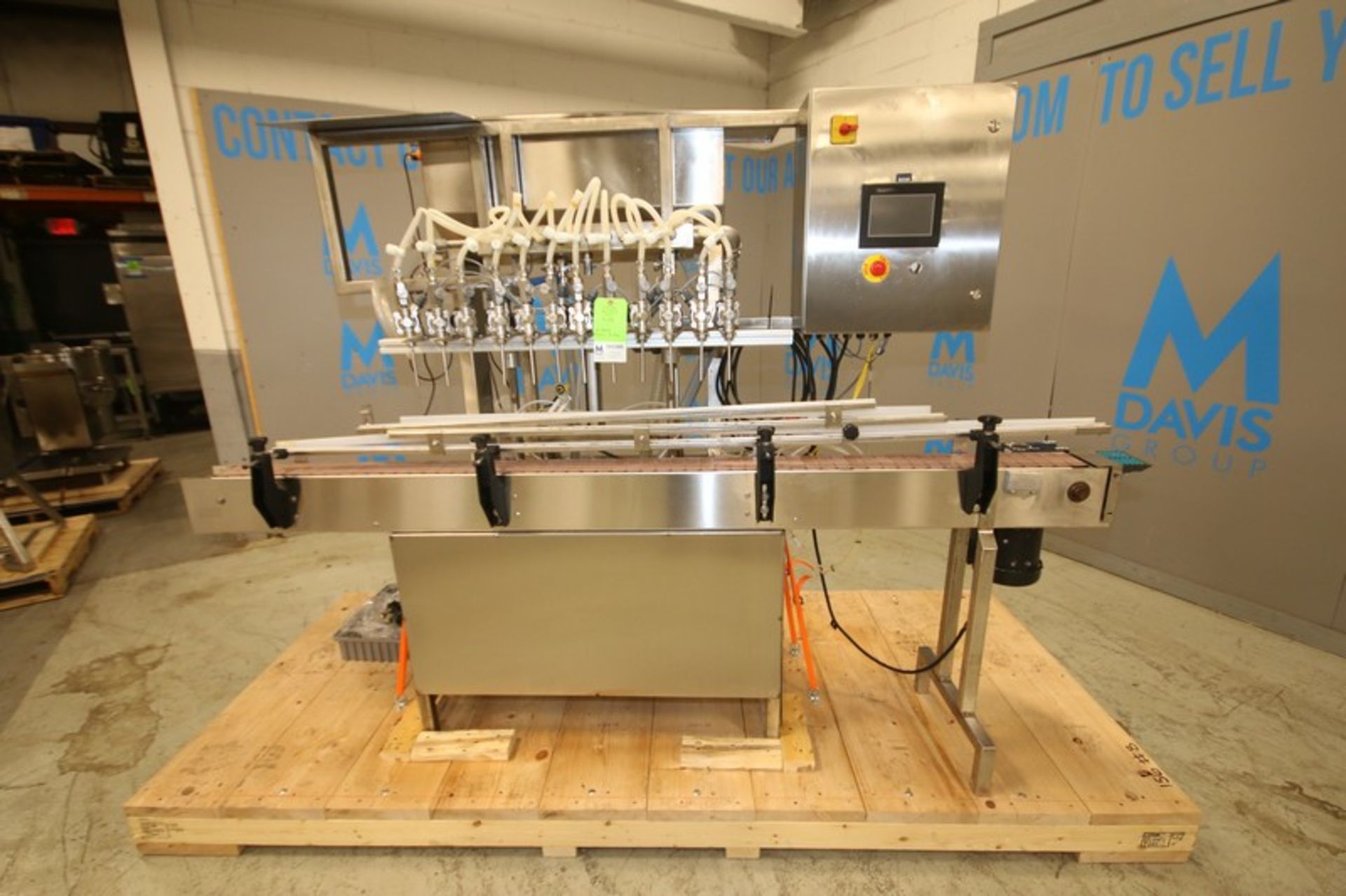 12- Head S/S Piston Filler, with Filler Bowl, 4.5" W Infeed/Outfeed Conveyor, (2) Dixon 1/2 hp