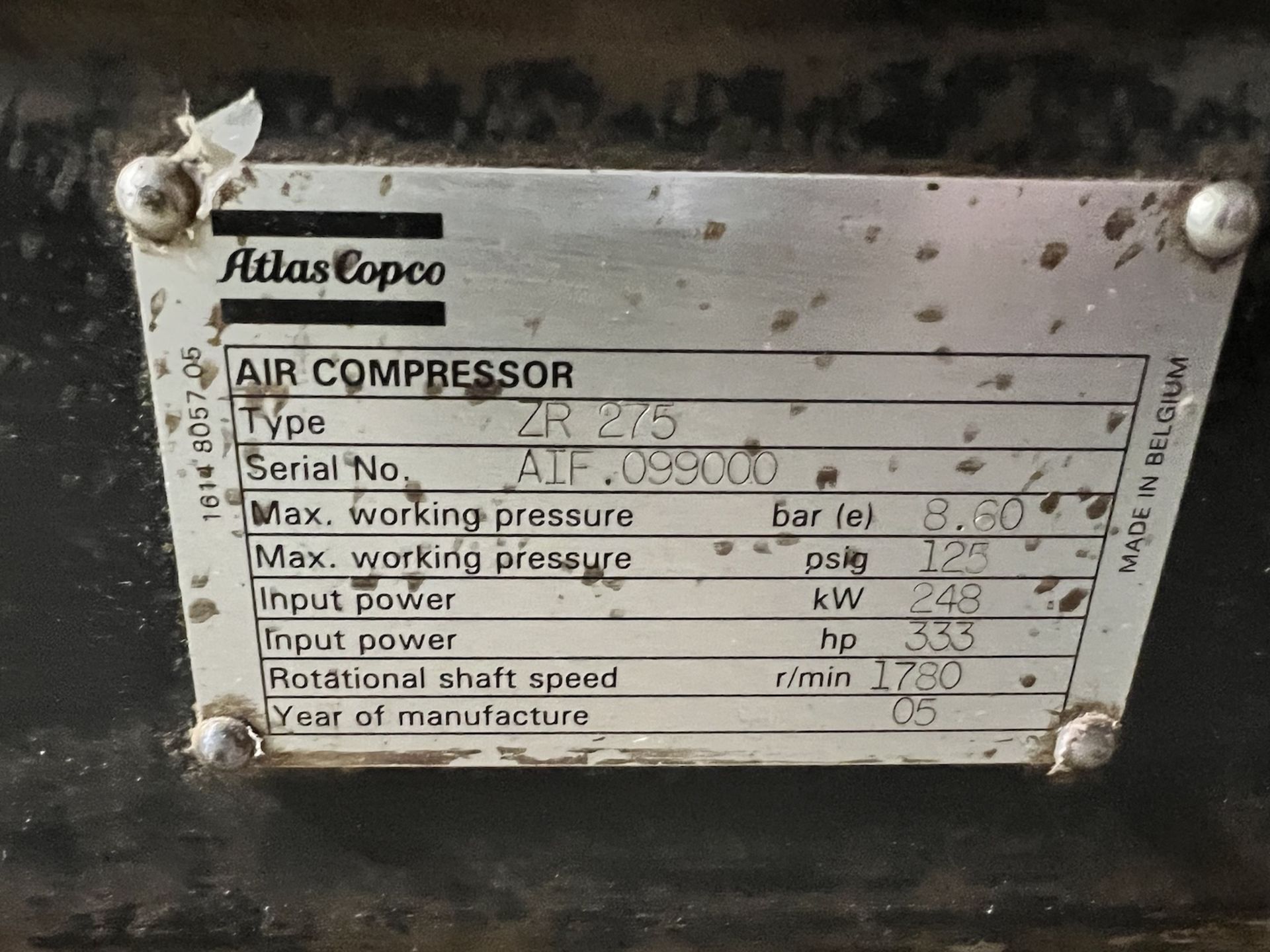 2014 ATLAS COPCO AIR COMPRESSOR, MODEL ZR 275, S/N AIF 099000, 333 HP, 8.6 BAR, 125 PSI - Image 21 of 35