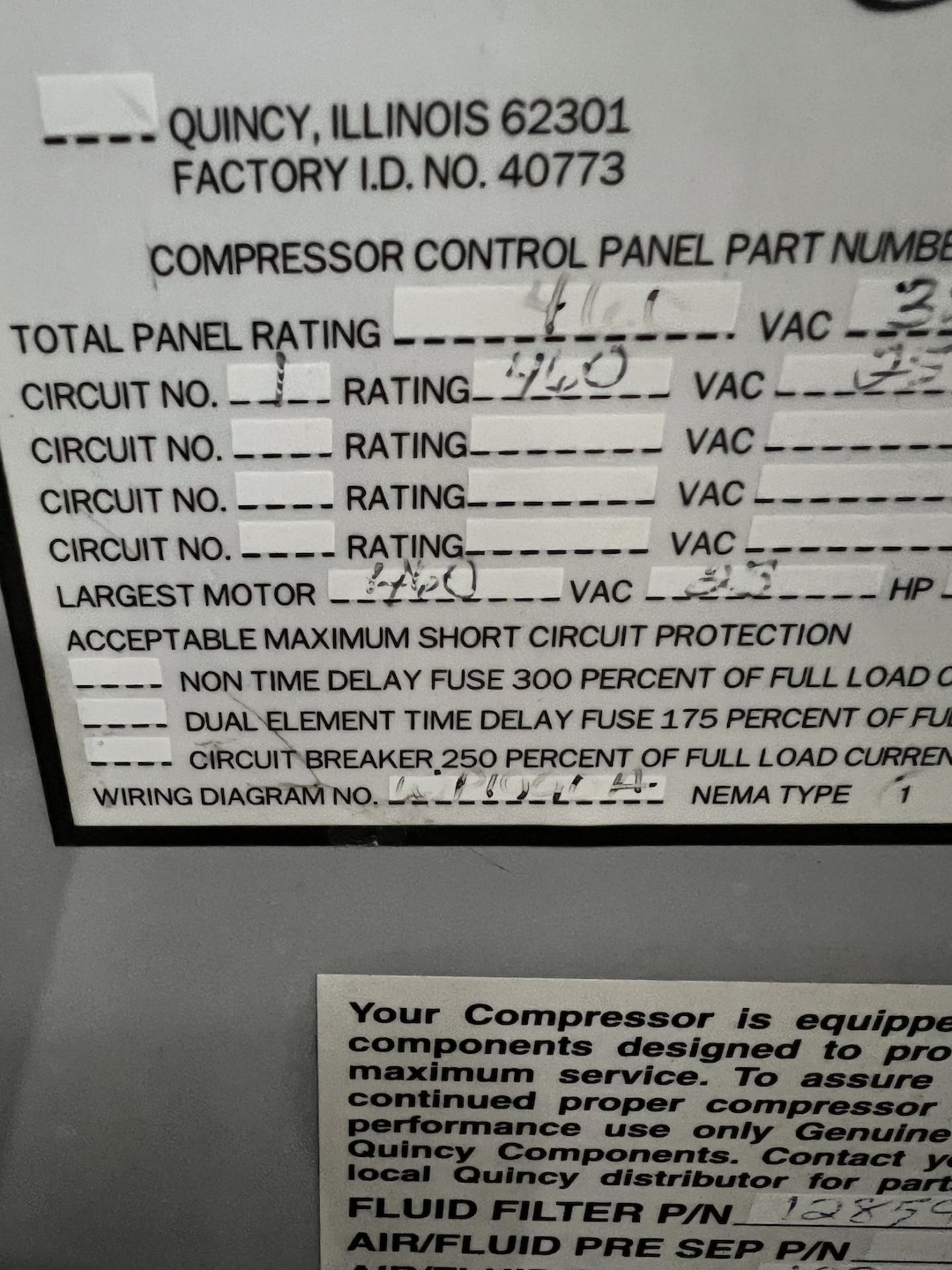QUINCY AIR COMPRESSOR, MODEL QMB-25, S/N UN061035, 1,442 HOURS, 25-HP, 460 V (SIMPLE LOADING FEE $ - Image 14 of 17