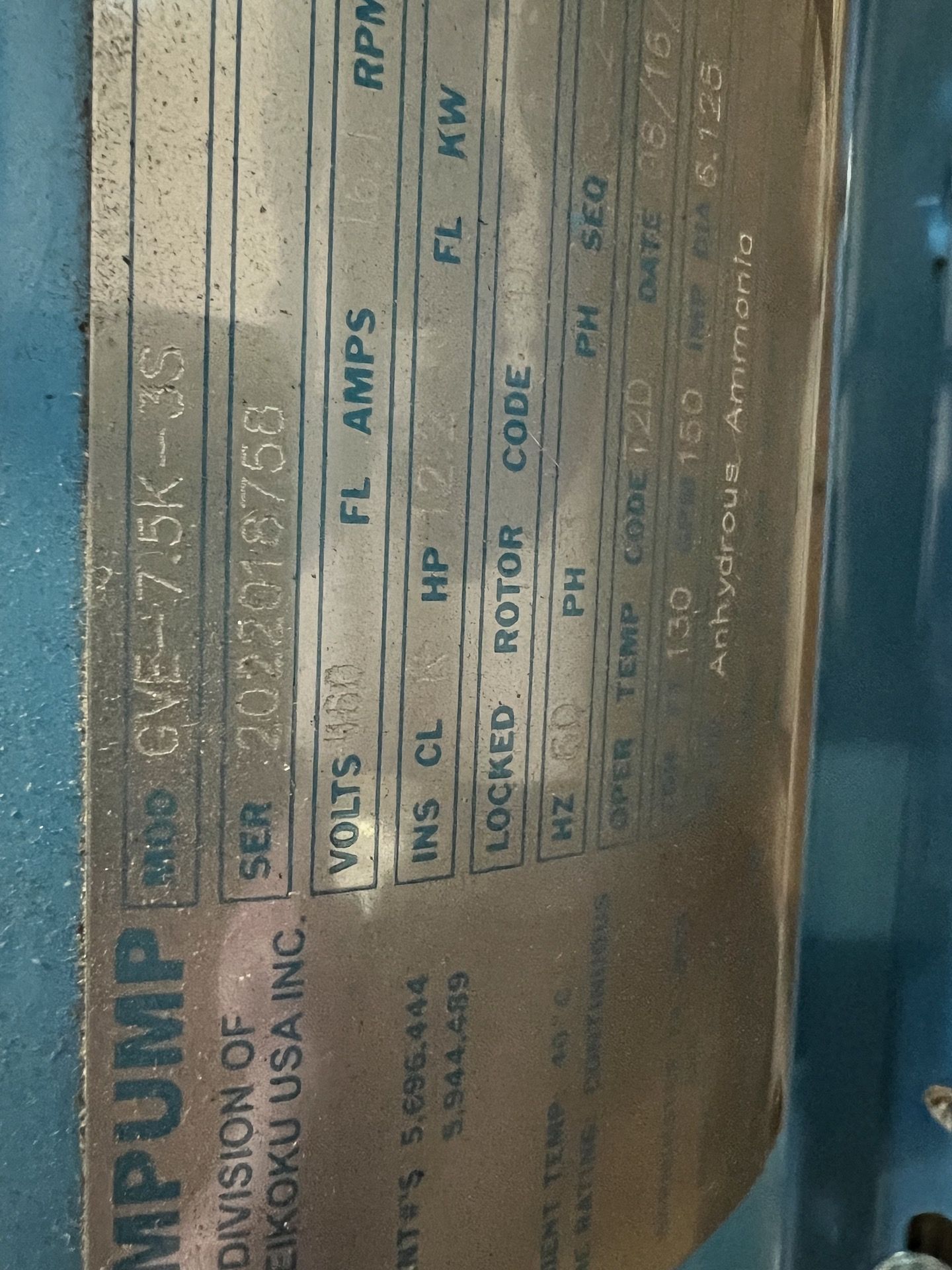 NEW CHEMPUMP G-SERIES AMMONIA PUMP, MODEL GVE-7.5K-3S, 12.2 HP, 460 V (SIMPLE LOADING FEE $110) - Bild 6 aus 12