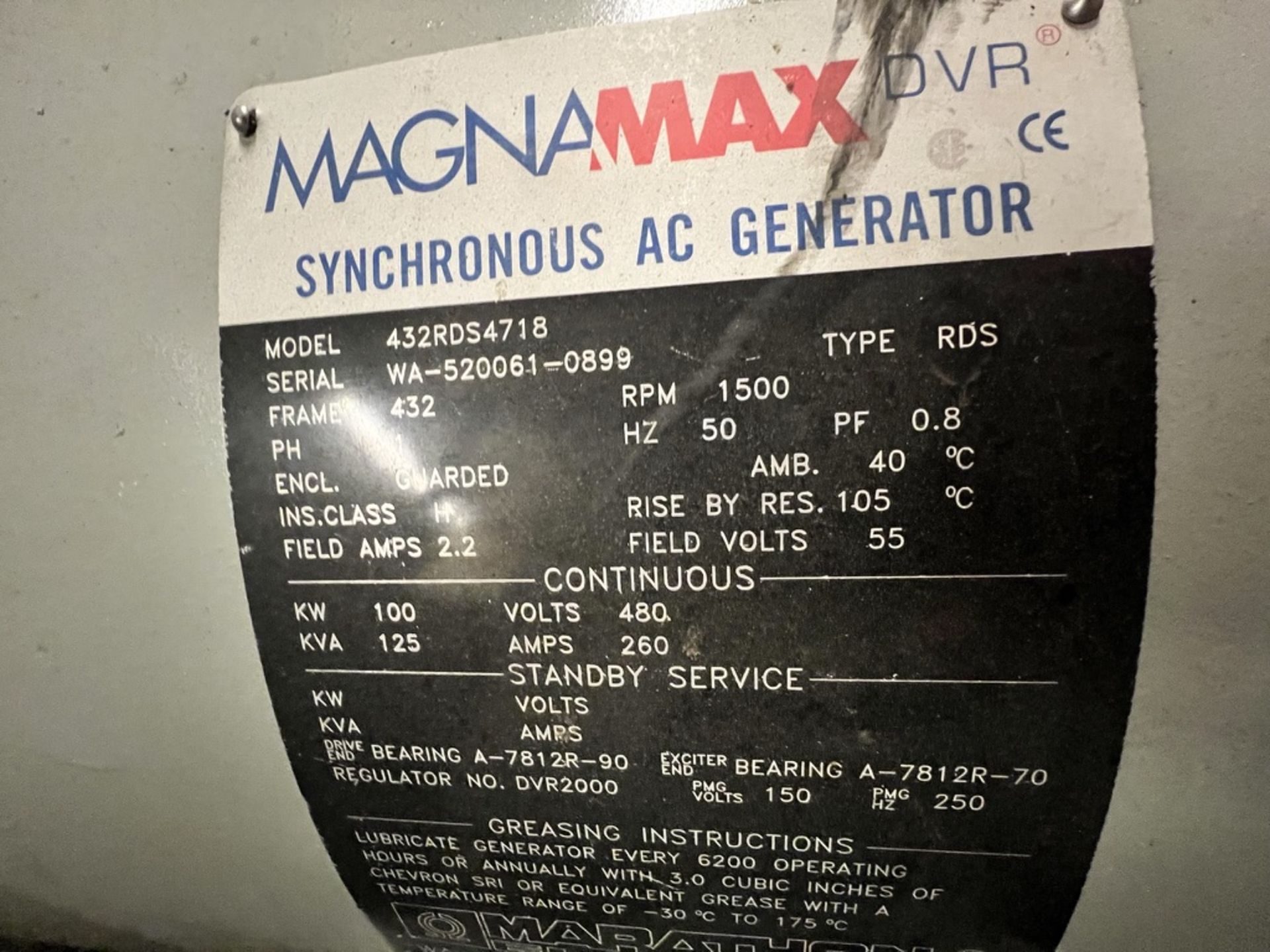 MAGNAMAX SYCHRONOUS AC GENERATOR, MODEL 432RDS4718, S/N WA-520061-0899, 50 HZ, 1500 RPM, 100 KW, 125 - Image 12 of 17