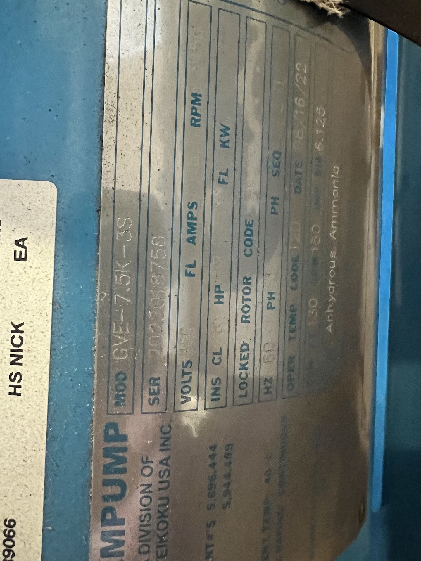 NEW CHEMPUMP G-SERIES AMMONIA PUMP, MODEL GVE-7.5K-3S, 12.2 HP, 460 V (SIMPLE LOADING FEE $110) - Image 5 of 12