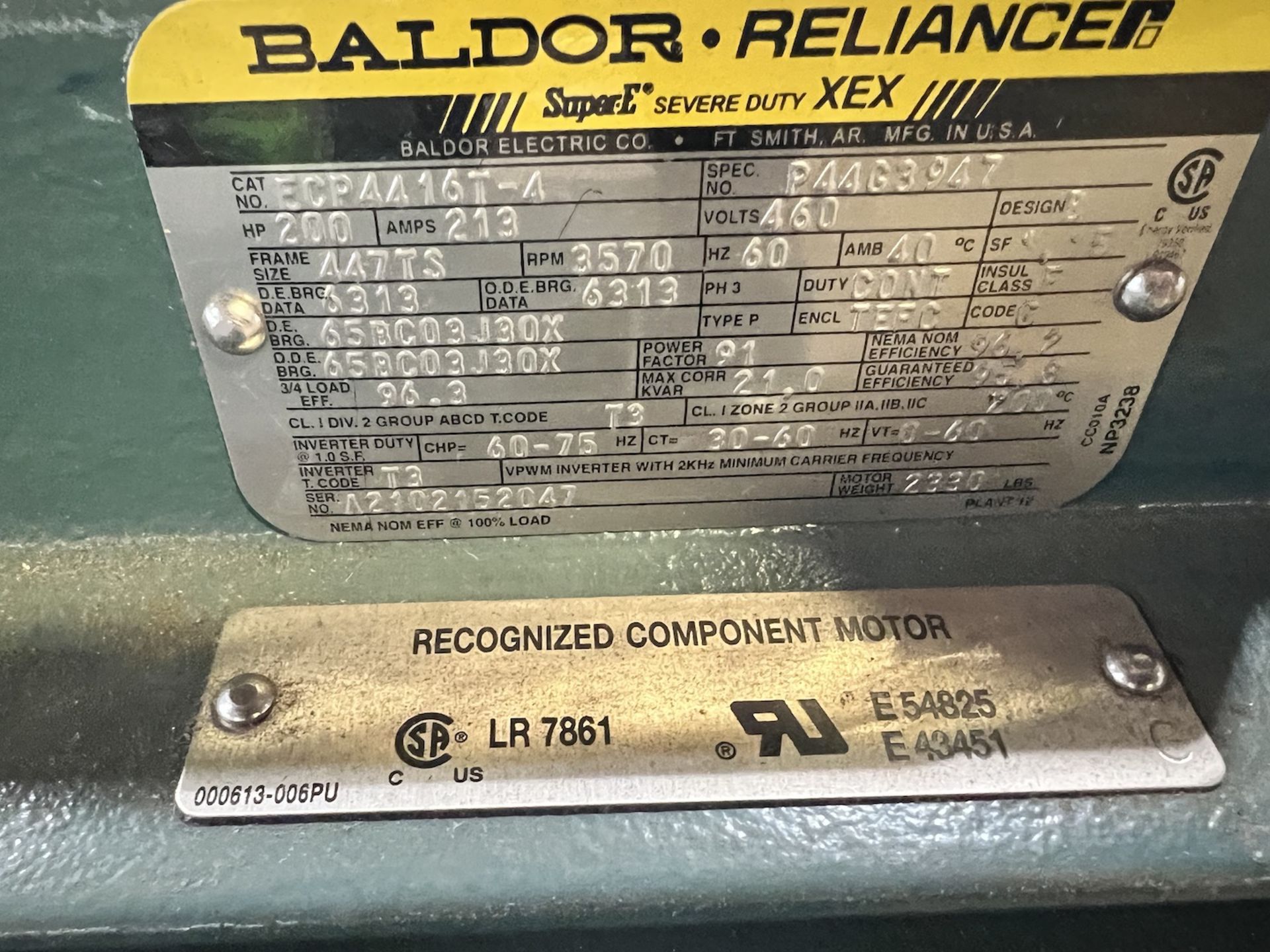 BALDOR RELIANCE 200-HP MOTOR, 3570 RPM, 460 V (SIMPLE LOADING FEE $110) - Image 5 of 9