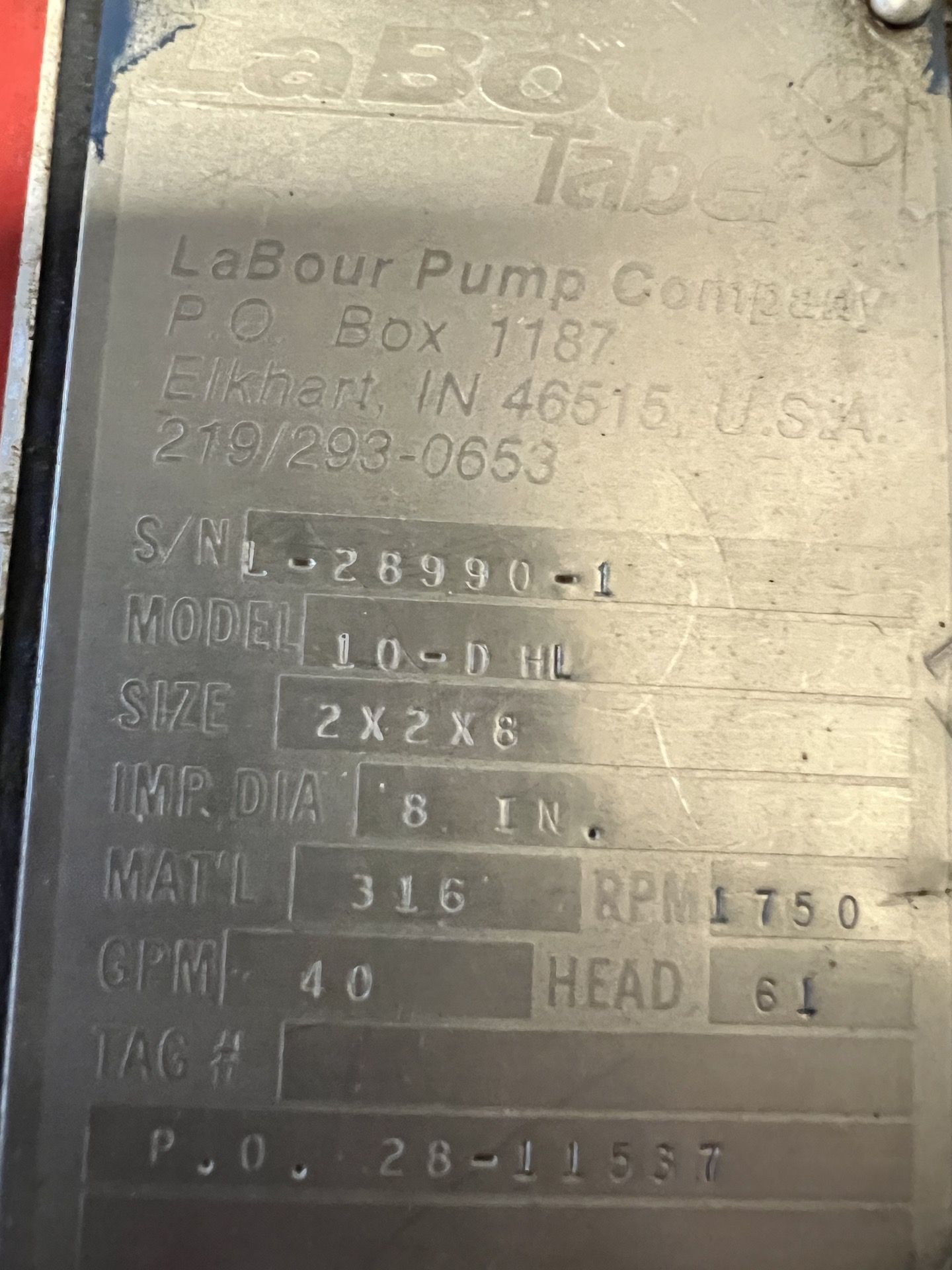 (3) PUMPS ON PALLET, (1) Labour Pump Model # 10-DHL, 2 x 2 x 8, 8" Impeller, 316 SS, 1750 RPM, 40 G - Image 8 of 10