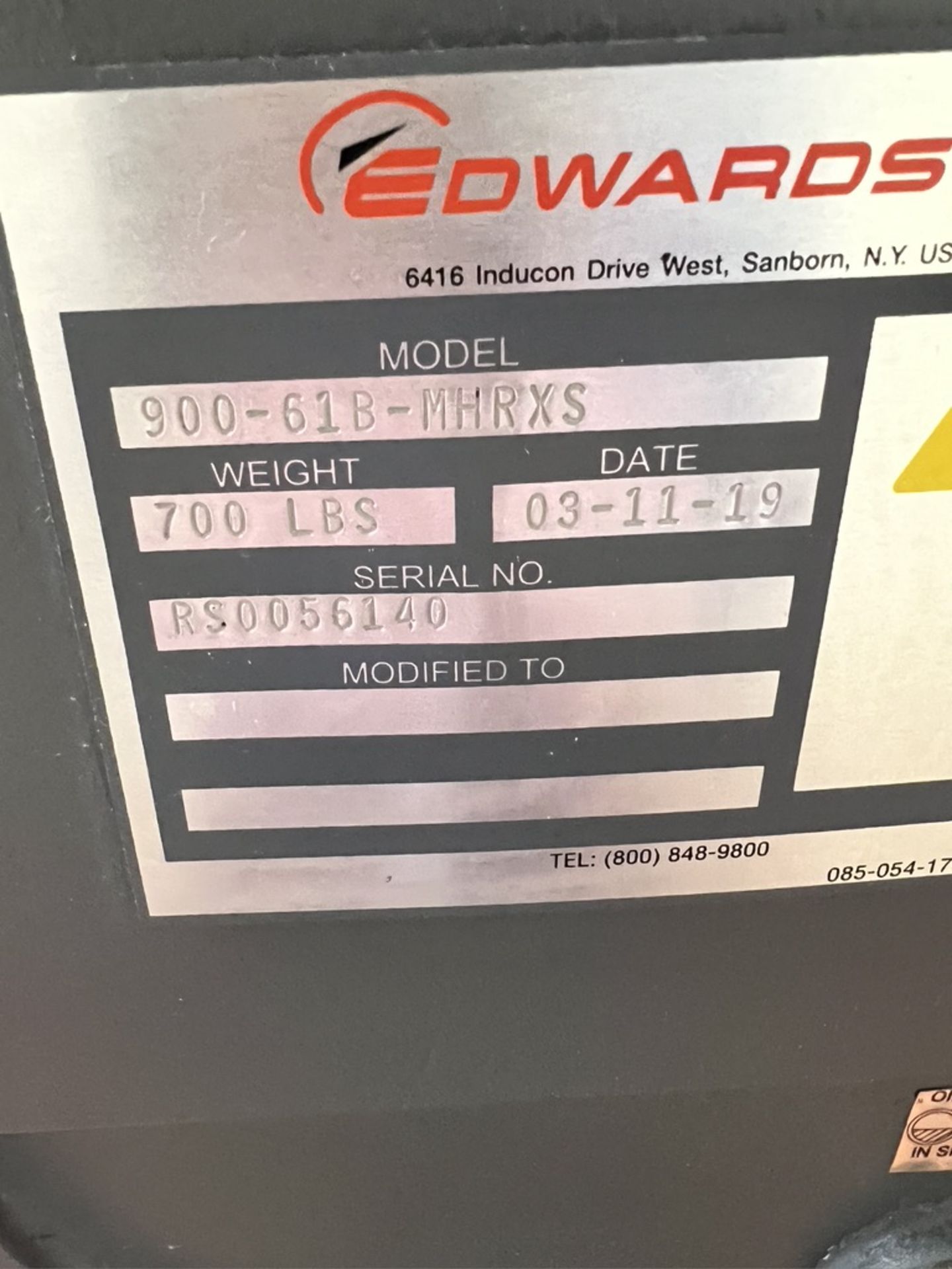 2019 STOKES EDWARDS MICROVAC ROTARY PISTON VACUUM PUMP, MODEL 900-61B-MHRXS, S/N RS0056140 - Image 5 of 6