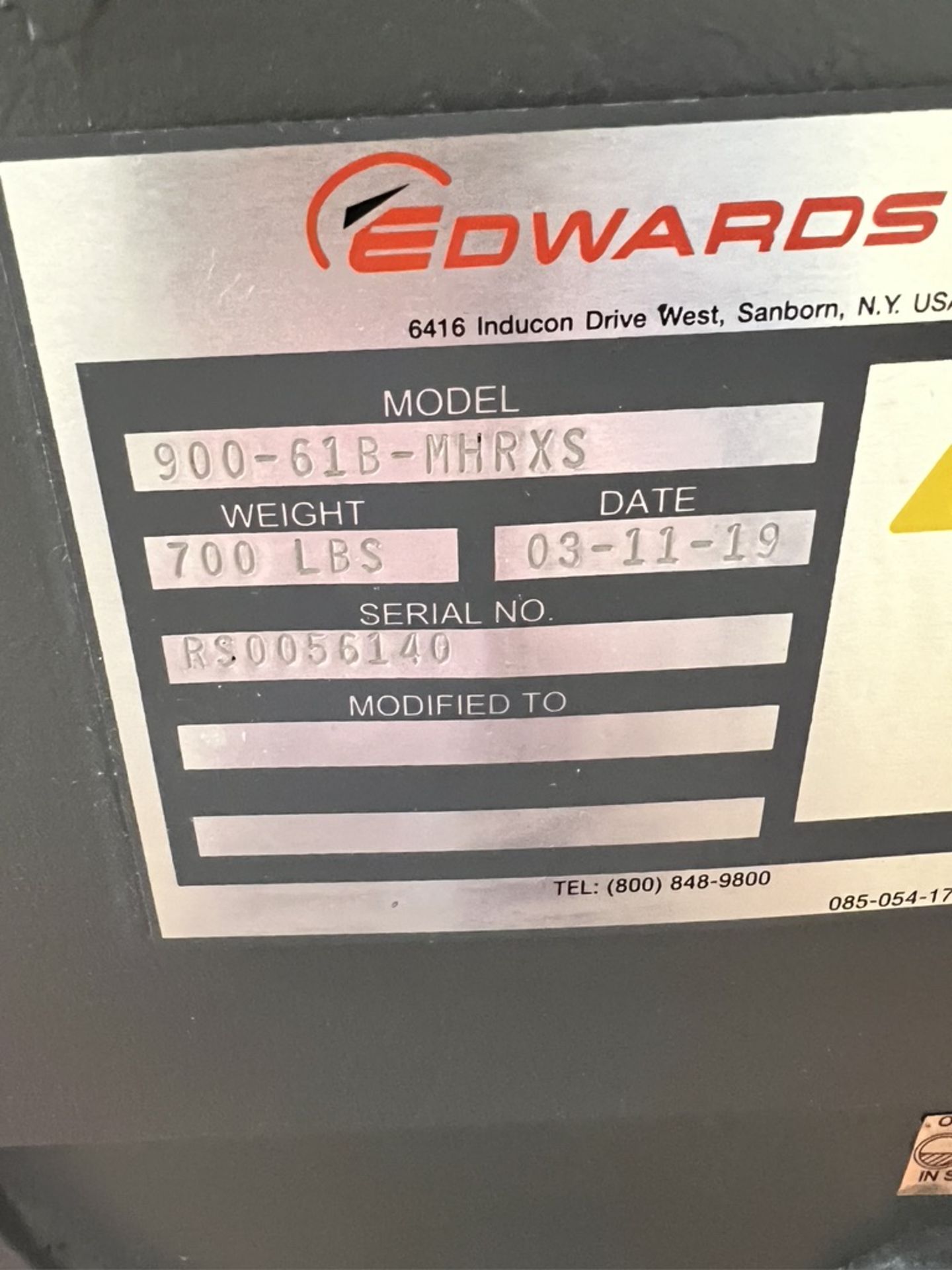 2019 STOKES EDWARDS MICROVAC ROTARY PISTON VACUUM PUMP, MODEL 900-61B-MHRXS, S/N RS0056140 - Image 6 of 6