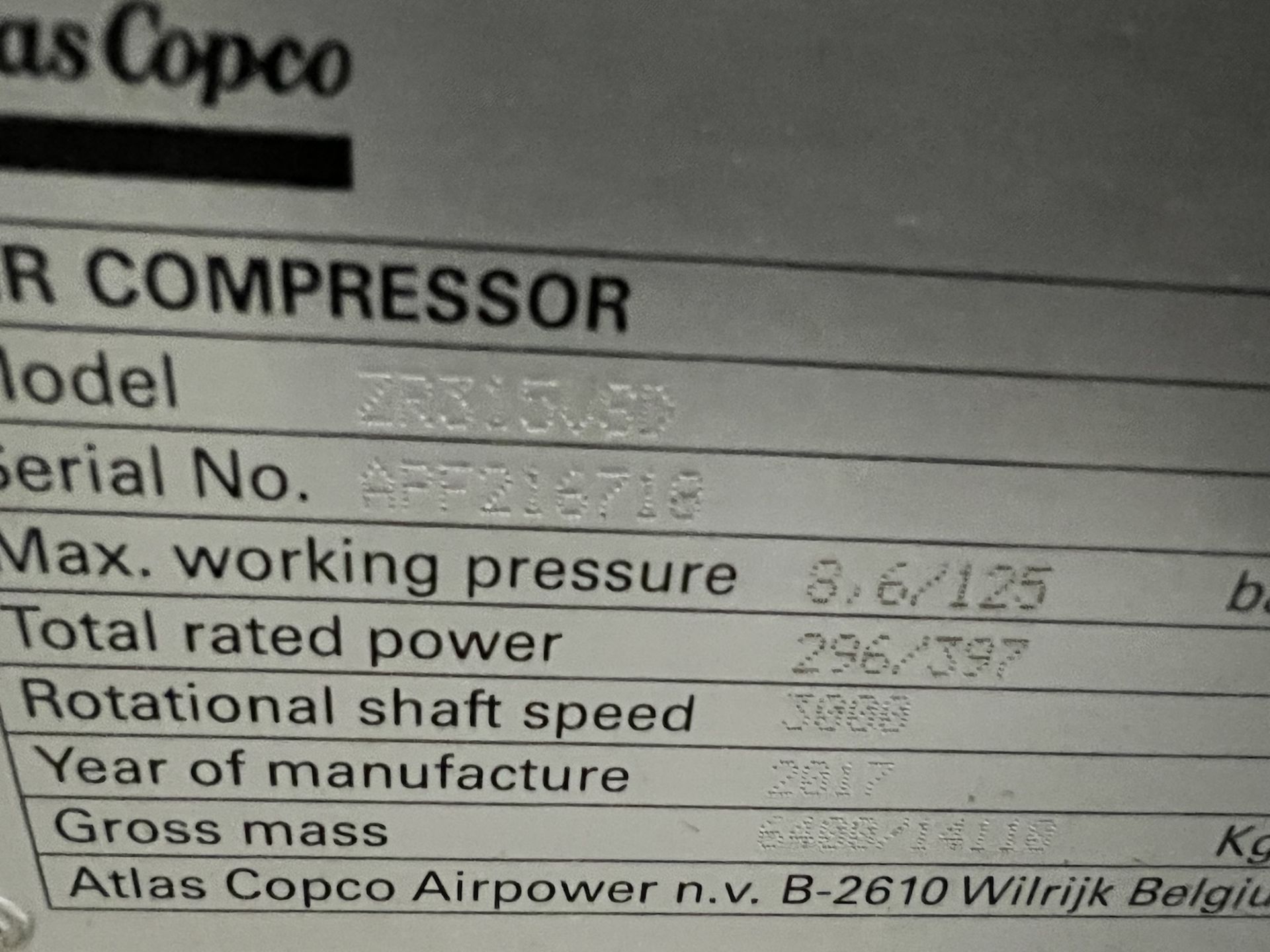 2017 ATLAS COPCO AIR COMPRESSOR, MODEL ZR315 VSD-FF, S/N APF216718, 8.6 BAR 125 PSI, 19,863 HOURS - Image 3 of 56