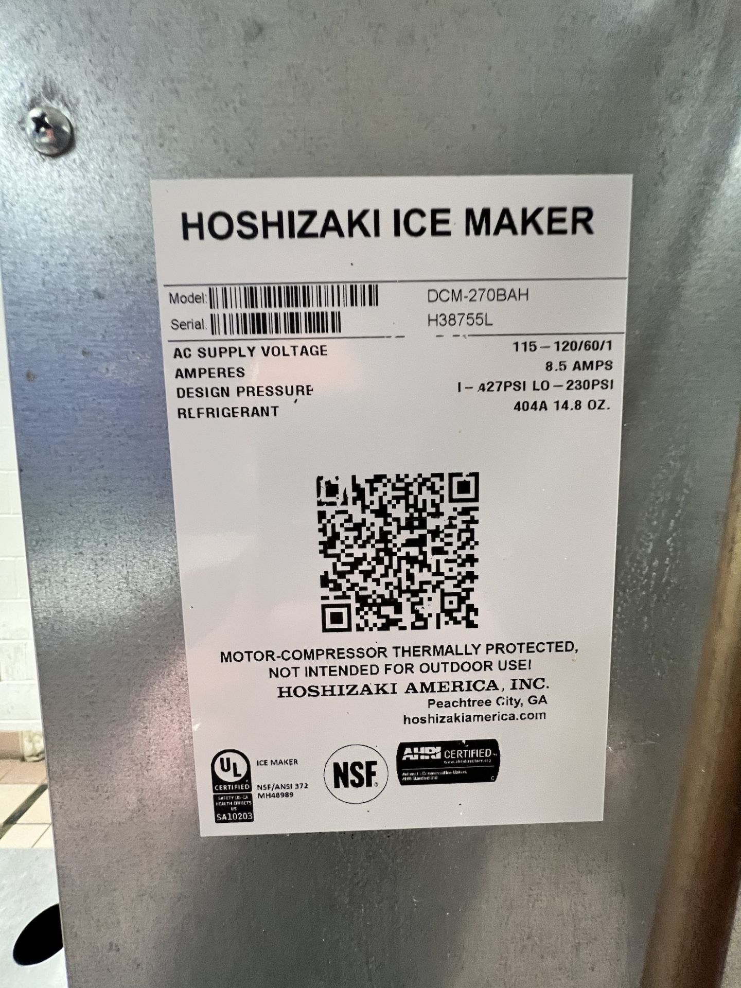 HOSHIZAKI NUGGET ICE MAKER AND WATER DISPENSER, MODEL DCM-270BAH, S/N H38755L - Image 6 of 8