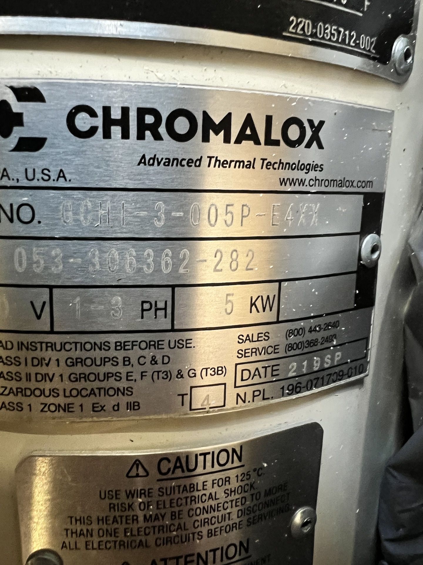 NEW CHROMALOX CIRCULATION HEATER, CAT NO. GCHI-3-005P-E4XX, 1-3 PHASE, 480 V (SIMPLE LOADING FEE $ - Image 9 of 21