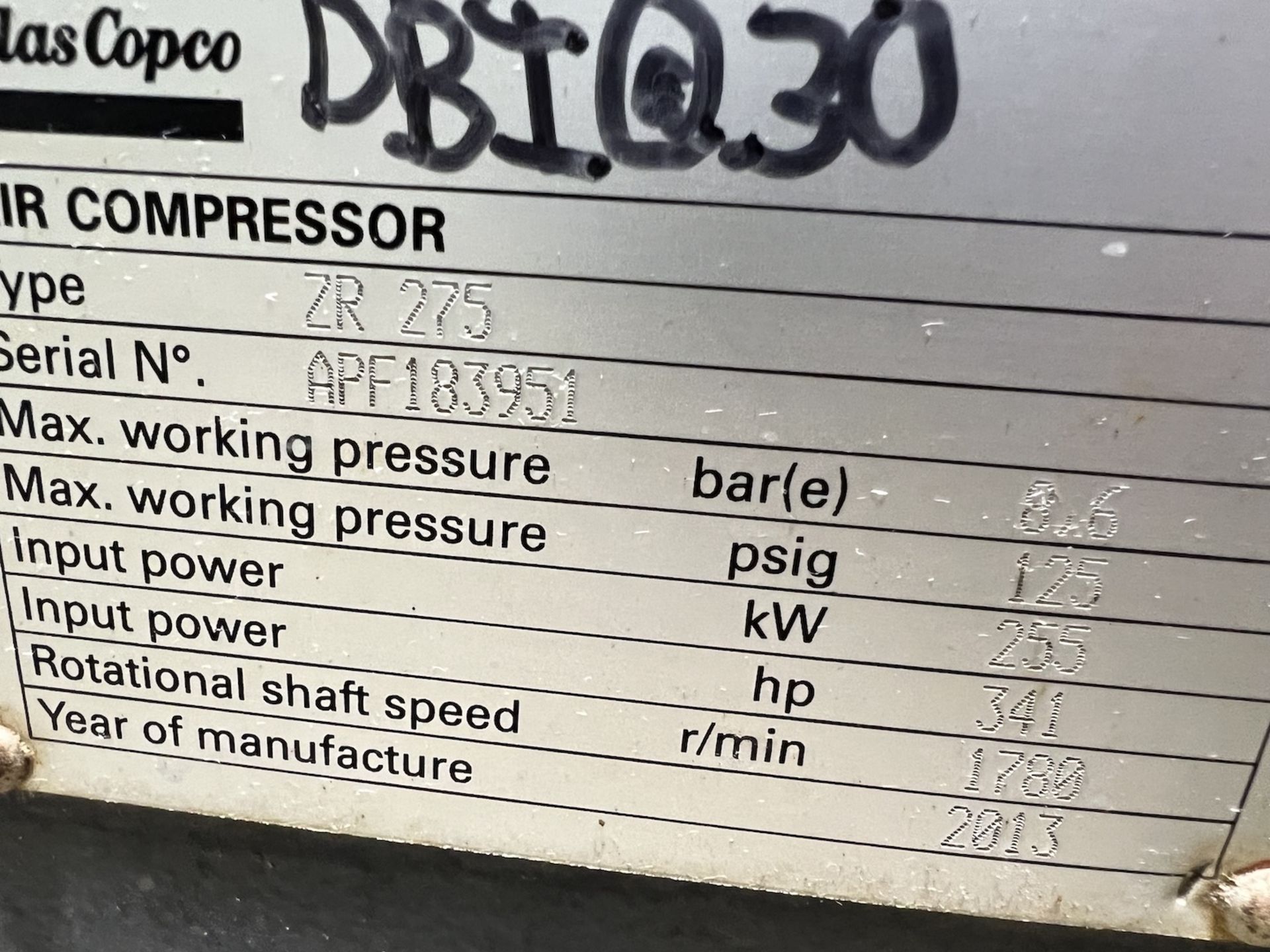 2013 ATLAS COPCO AIR COMPRESSOR, MODEL ZR 275, S/N APF183951, 341 HP, 8.6 BAR, 125 PSI - Image 8 of 36