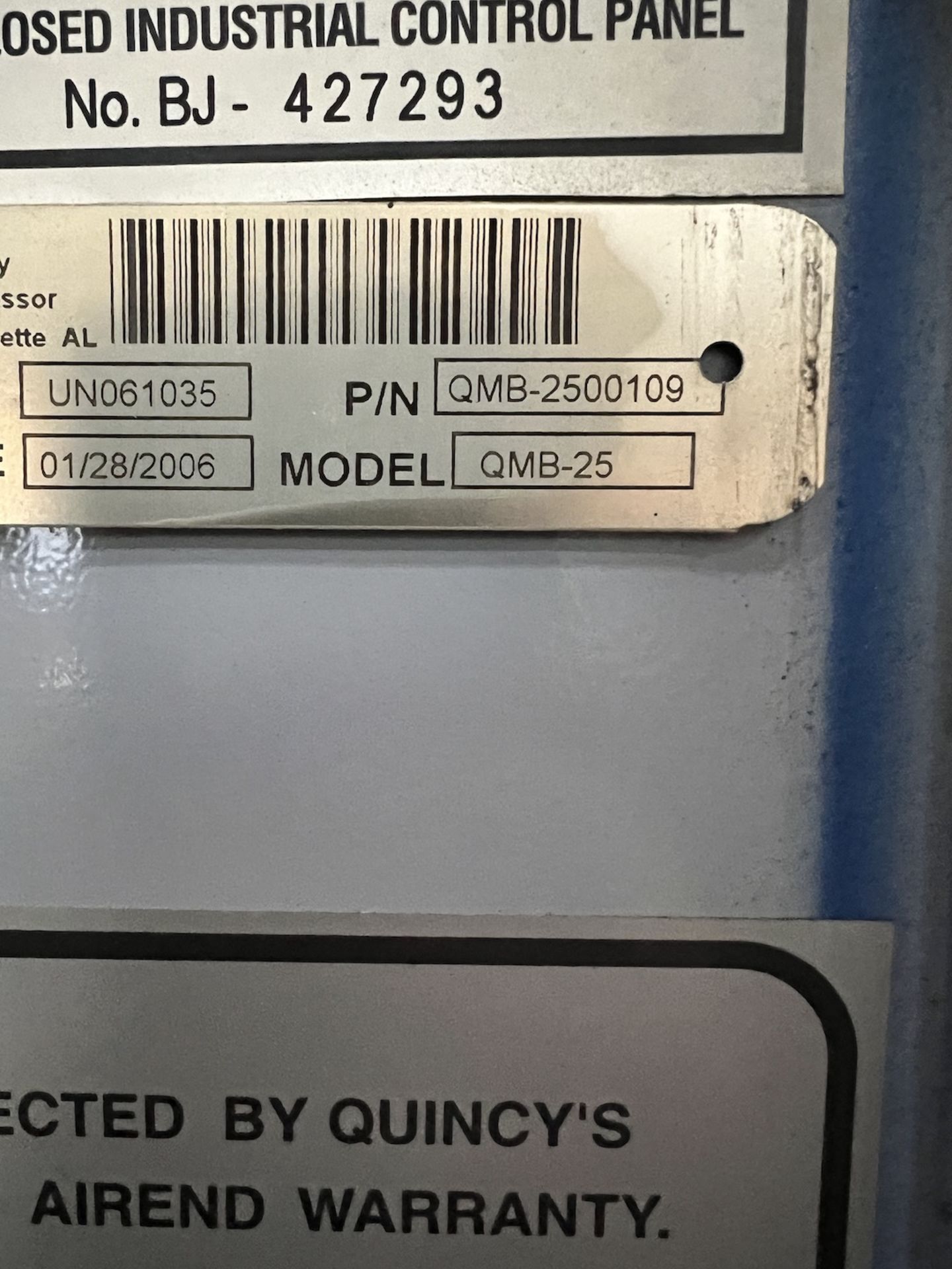 QUINCY AIR COMPRESSOR, MODEL QMB-25, S/N UN061035, 1,442 HOURS, 25-HP, 460 V (SIMPLE LOADING FEE $ - Image 12 of 17