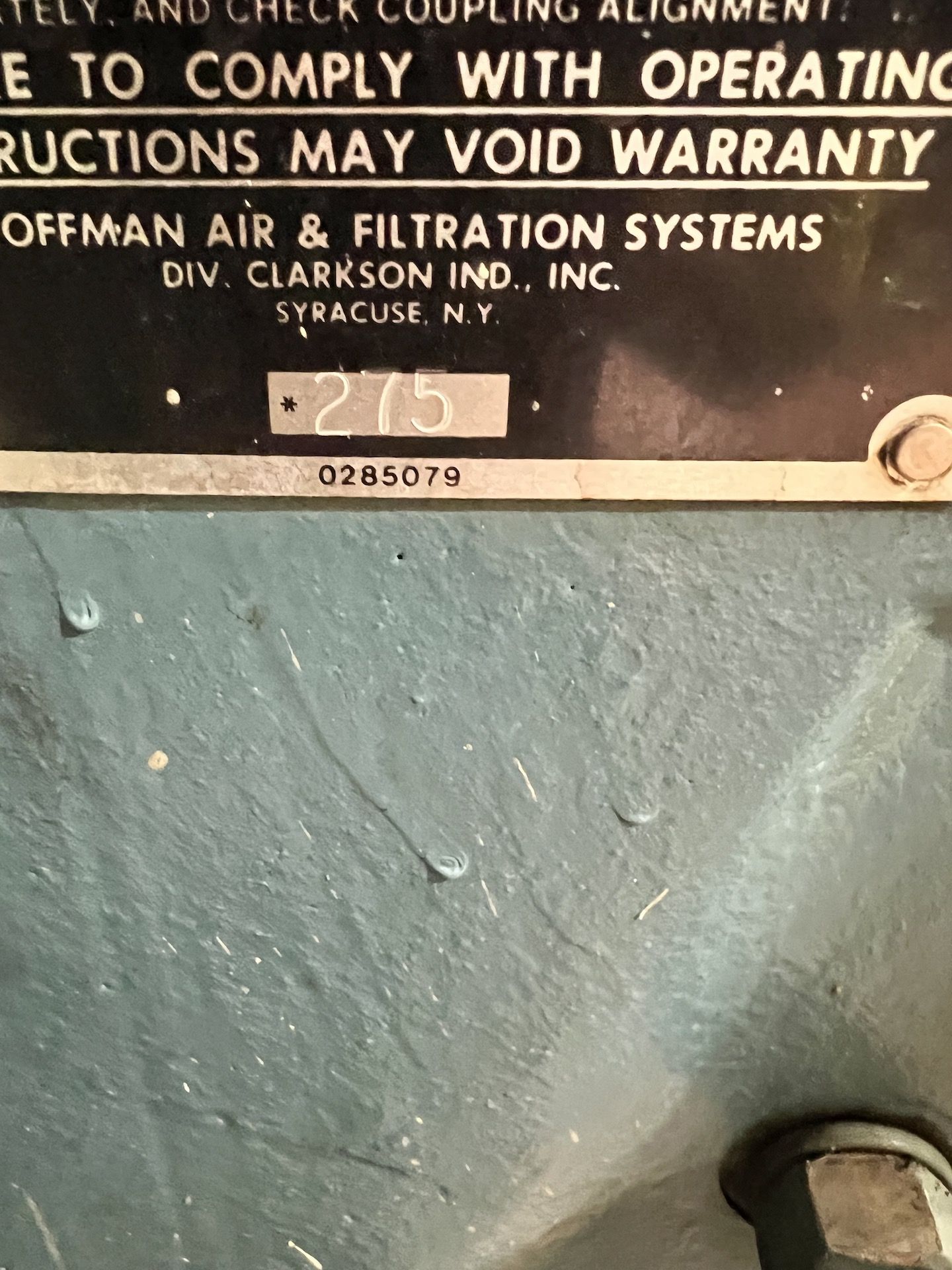 HOFFMAN CENTRIFUGAL EXHAUSTER / BLOWER, MODEL 38308E, S/N M105950, 50-HP, 3535 RPM, 230/460 V - Image 12 of 15