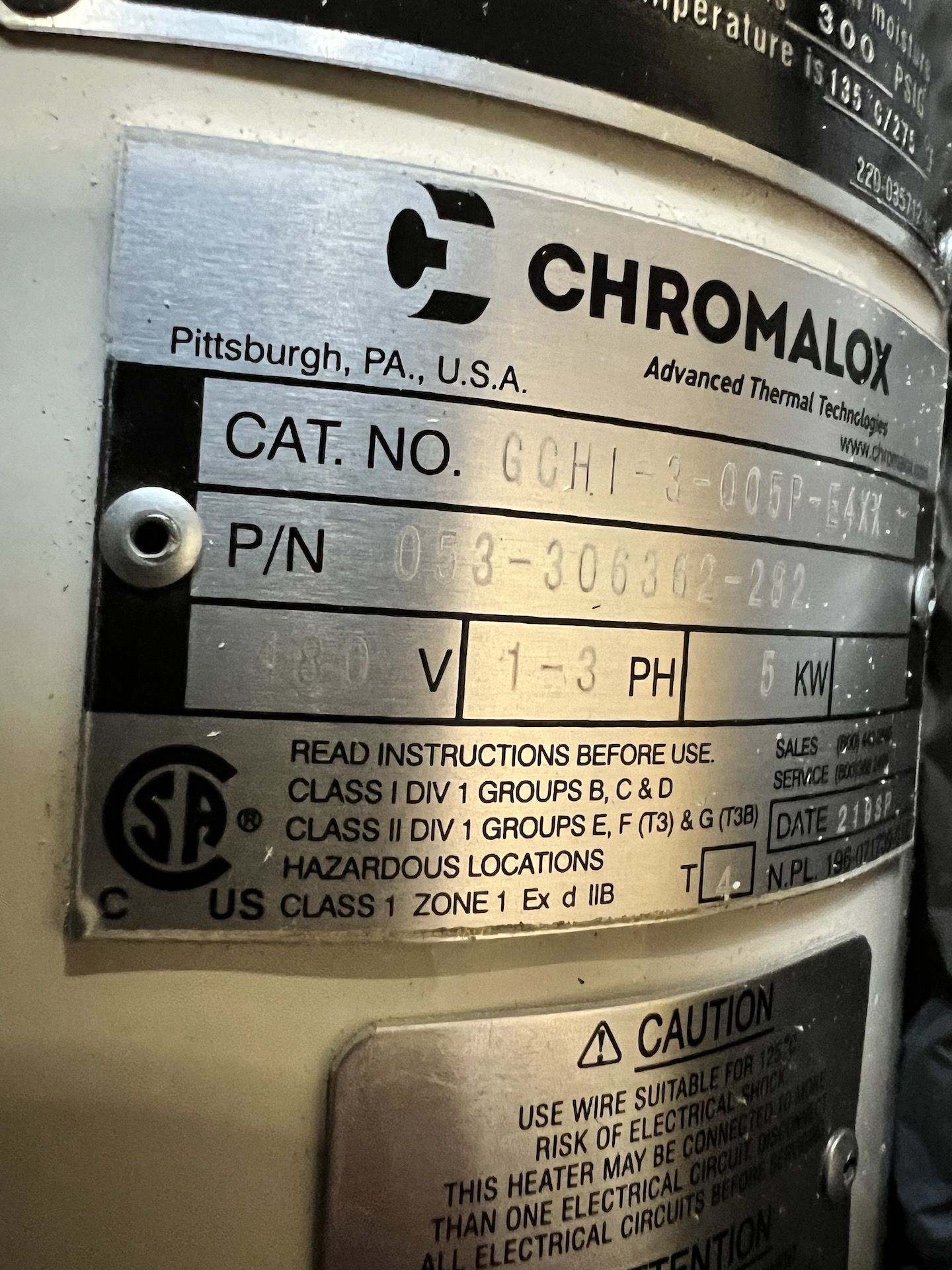 NEW CHROMALOX CIRCULATION HEATER, CAT NO. GCHI-3-005P-E4XX, 1-3 PHASE, 480 V (SIMPLE LOADING FEE $ - Image 5 of 21