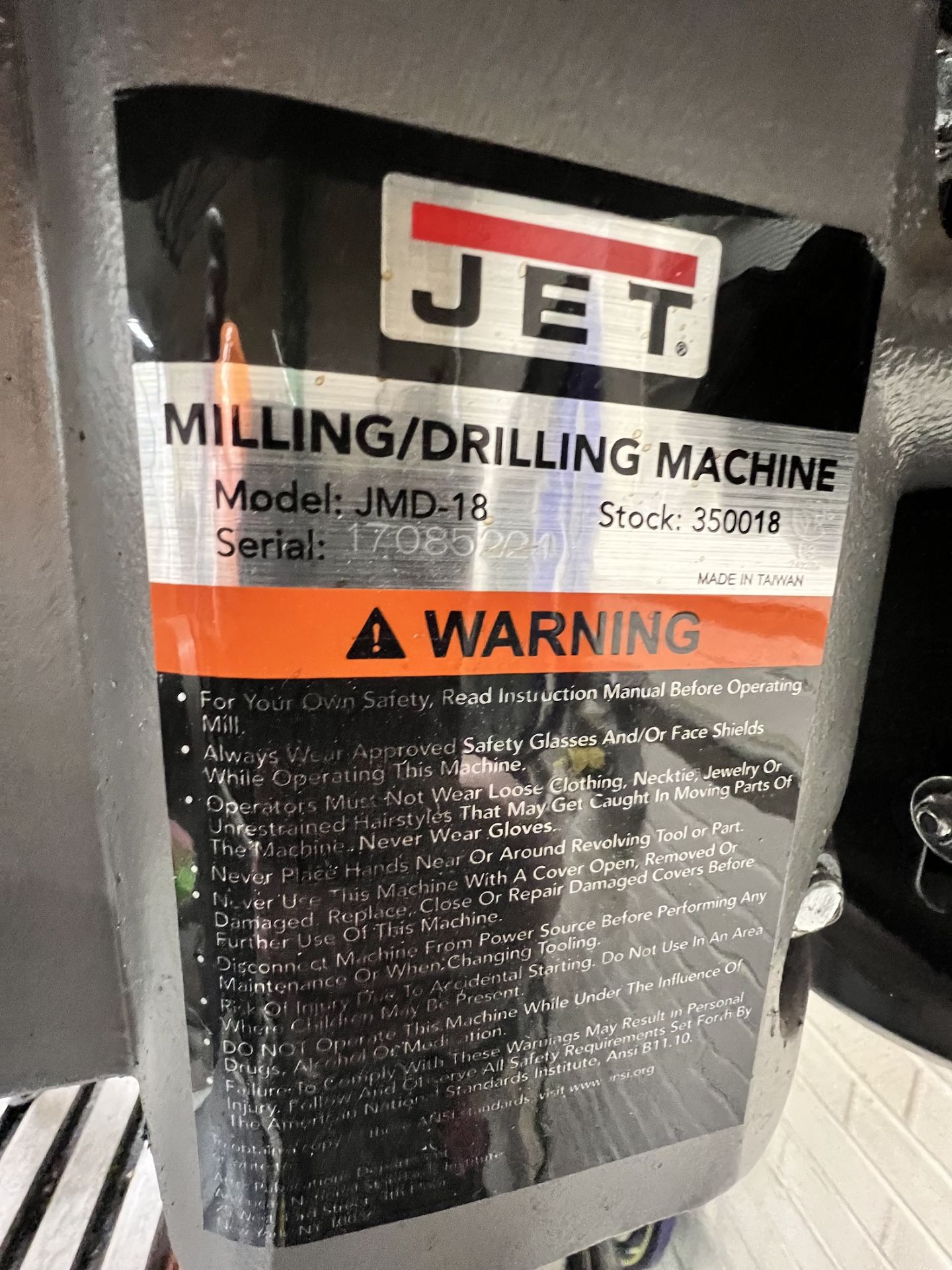 JET PEDESTAL MILLING / DRILLING MACHINE, MODEL JMD-18, S/N 17085221, STOCK 350018 - Image 3 of 6