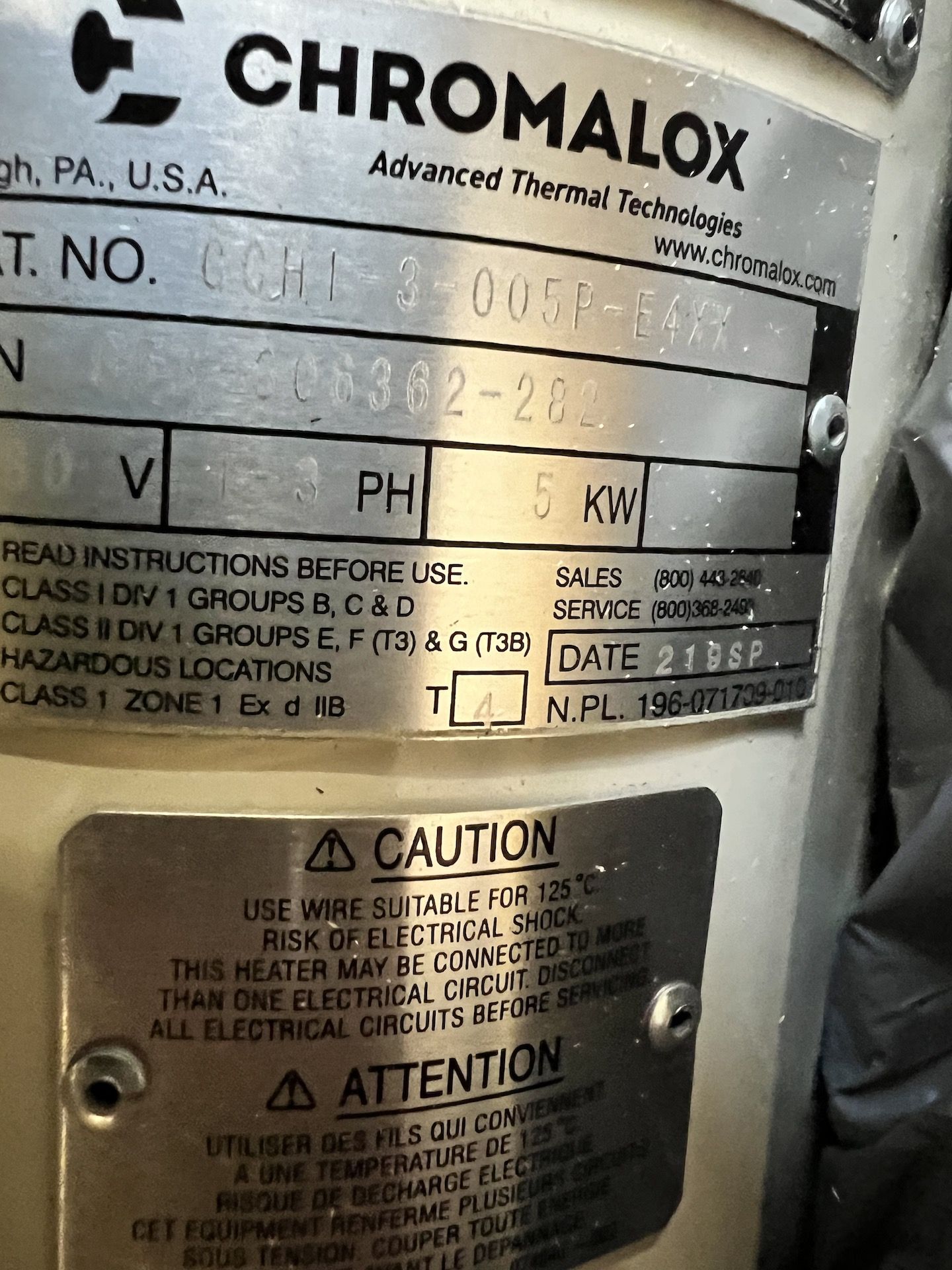 NEW CHROMALOX CIRCULATION HEATER, CAT NO. GCHI-3-005P-E4XX, 1-3 PHASE, 480 V (SIMPLE LOADING FEE $ - Image 10 of 21