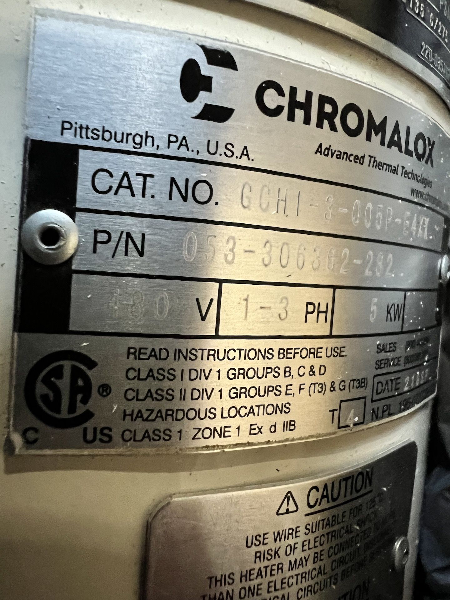 NEW CHROMALOX CIRCULATION HEATER, CAT NO. GCHI-3-005P-E4XX, 1-3 PHASE, 480 V (SIMPLE LOADING FEE $ - Image 6 of 21