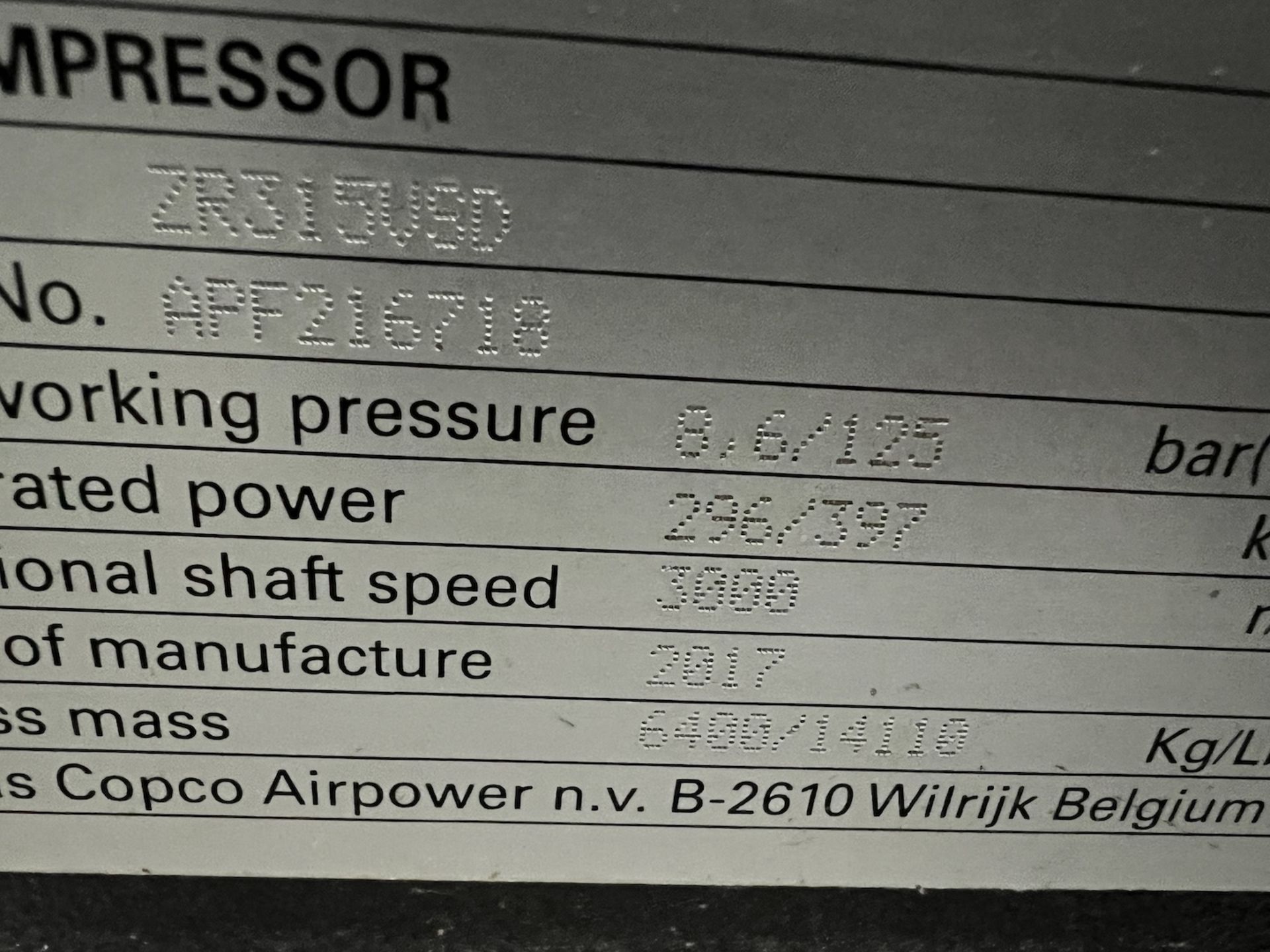 2017 ATLAS COPCO AIR COMPRESSOR, MODEL ZR315 VSD-FF, S/N APF216718, 8.6 BAR 125 PSI, 19,863 HOURS - Image 6 of 56