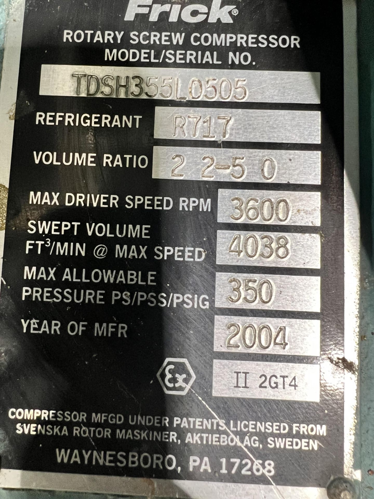 FRICK 1500-HP BOOSTER AMMONIA SCREW COMPRESSOR, MODEL TDSH355L, S/N TDSH355L0505, 3574 RPM, 4800 V - Image 16 of 16