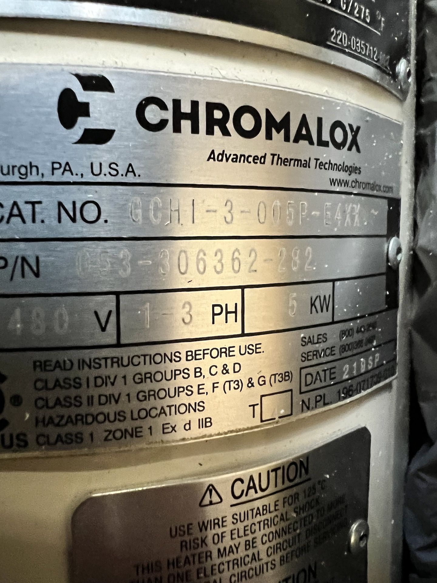 NEW CHROMALOX CIRCULATION HEATER, CAT NO. GCHI-3-005P-E4XX, 1-3 PHASE, 480 V (SIMPLE LOADING FEE $ - Image 7 of 21