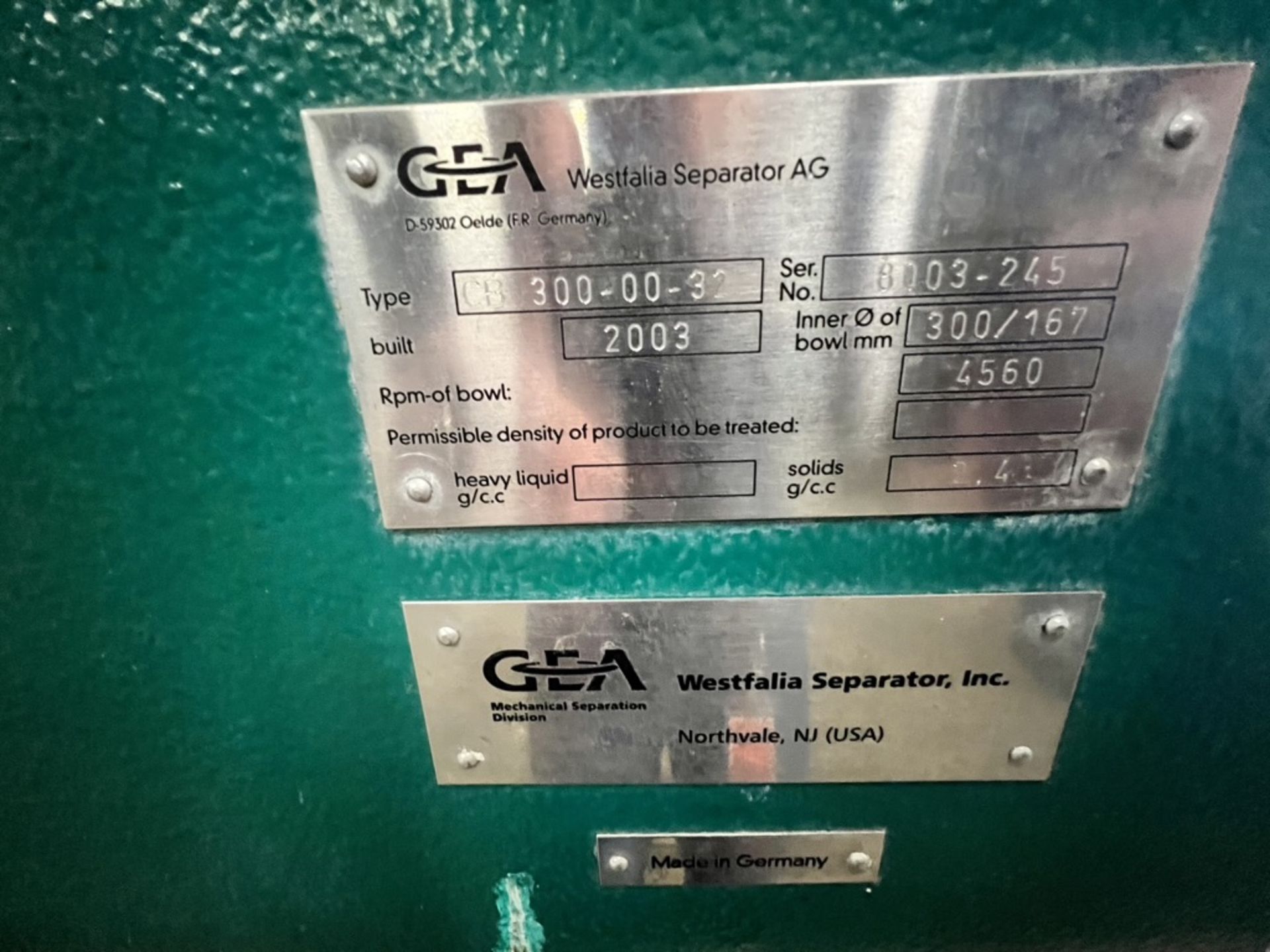 GEA WESTFALIA CENTRIFUGAL DECANTER, MODEL CB 300-00-32, S/N 8003-245, INCLUDES S/S CONTROL PANEL - Image 4 of 11