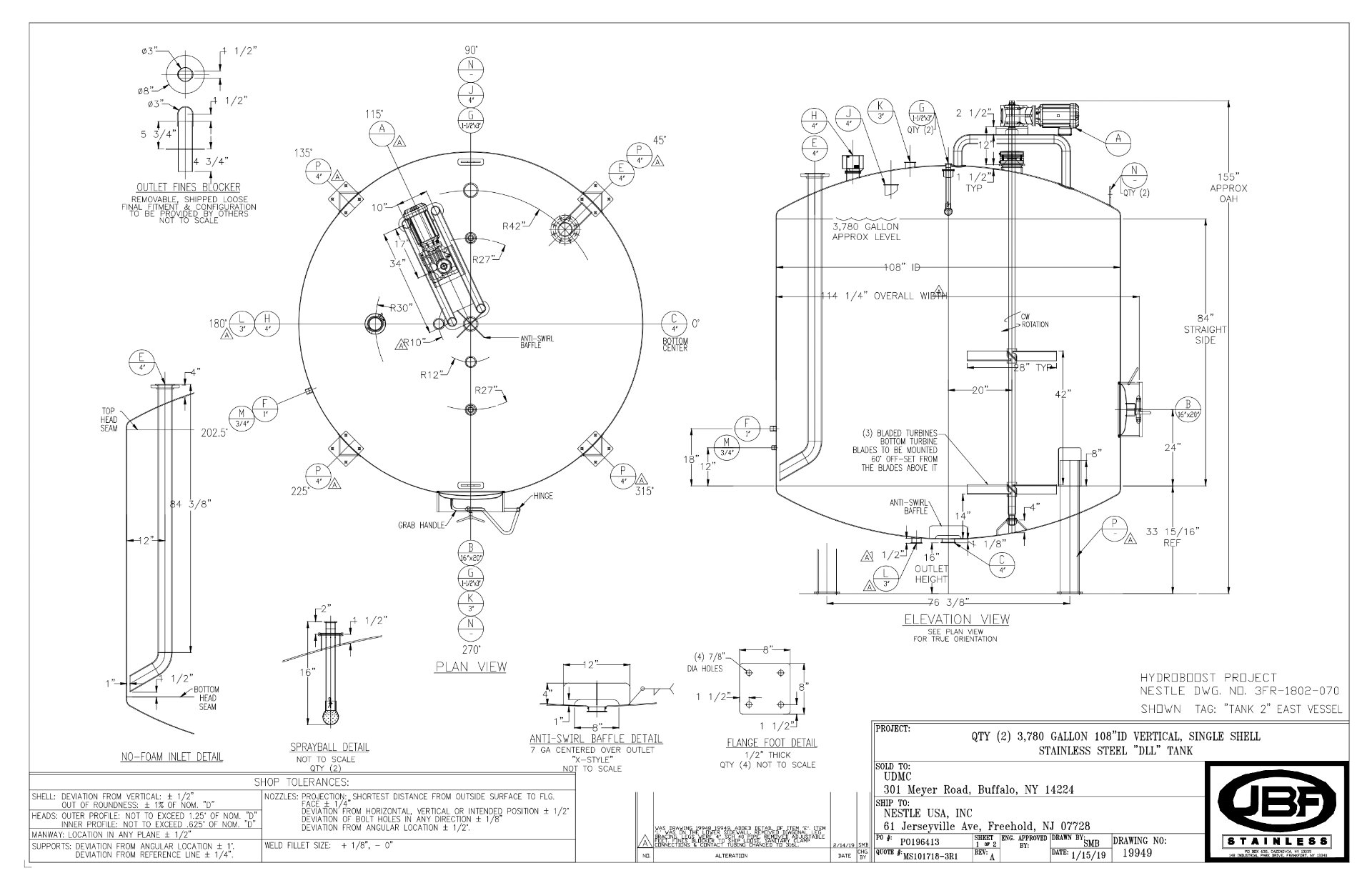 2020 JBF 3,780 GALLON S/S MIXING TANK, S/N 19949, TOP-MOUNT PROP STYLE AGITATION, APPROX. 108 IN. - Image 2 of 17