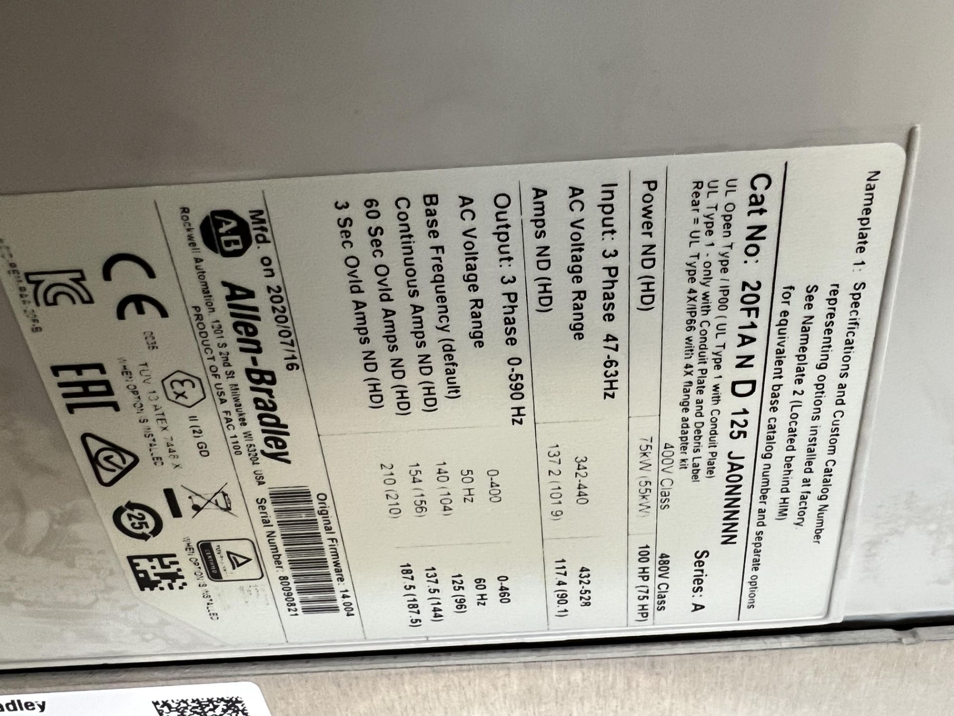 NEW ALLEN BRADLEY POWERFLEX 753 VFD, 100 HP (75 HP), CAL NO. 20F1A N D 125 JA0NNNNN - Image 3 of 5