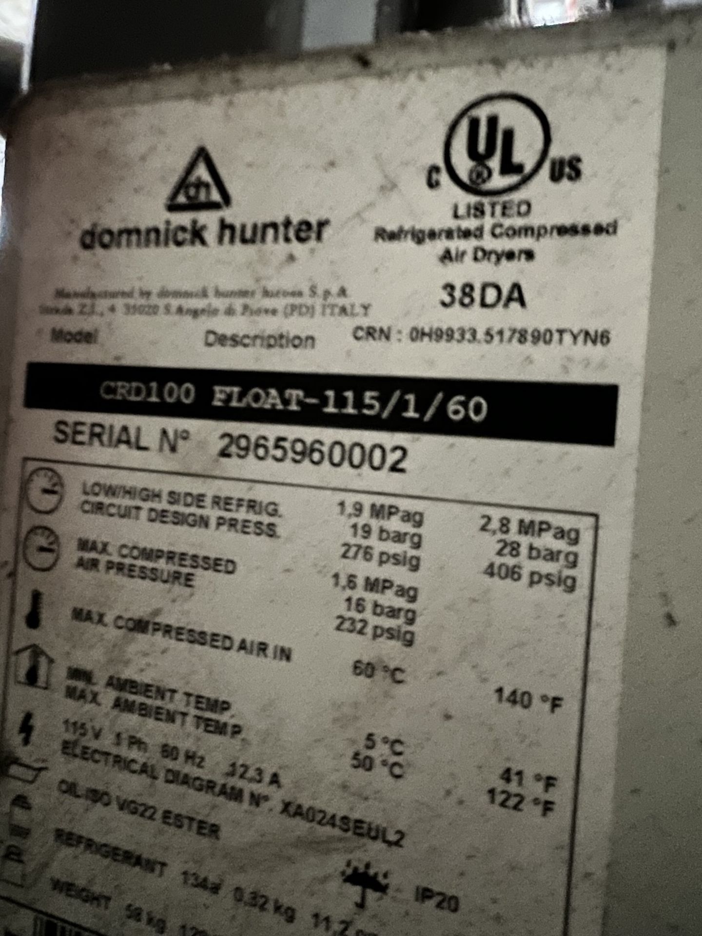 DOMNICK HUNTER AIR DRYER, MODEL CRD100 FLOAT-115/1/60 (SIMPLE LOADING FEE $275) - Image 3 of 4