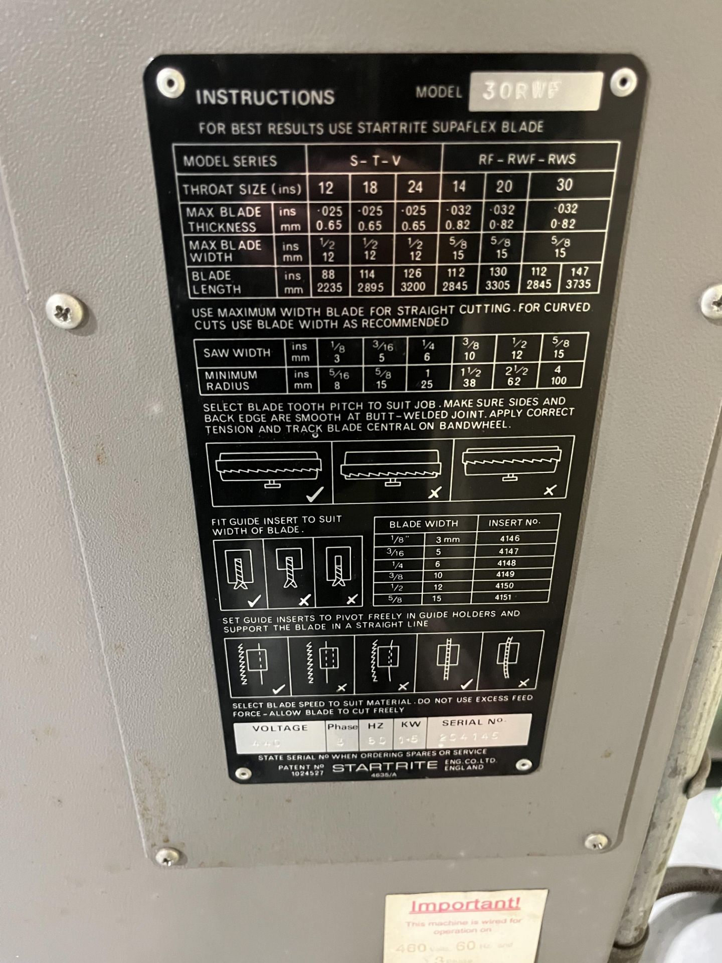 STARTRITE VERTICAL BANDSAW MODEL 30RWS SERIAL NO. 204145 YEAR 2000 VOLTS: 440 THREE PHASE HZ 60 AMPS - Image 2 of 4