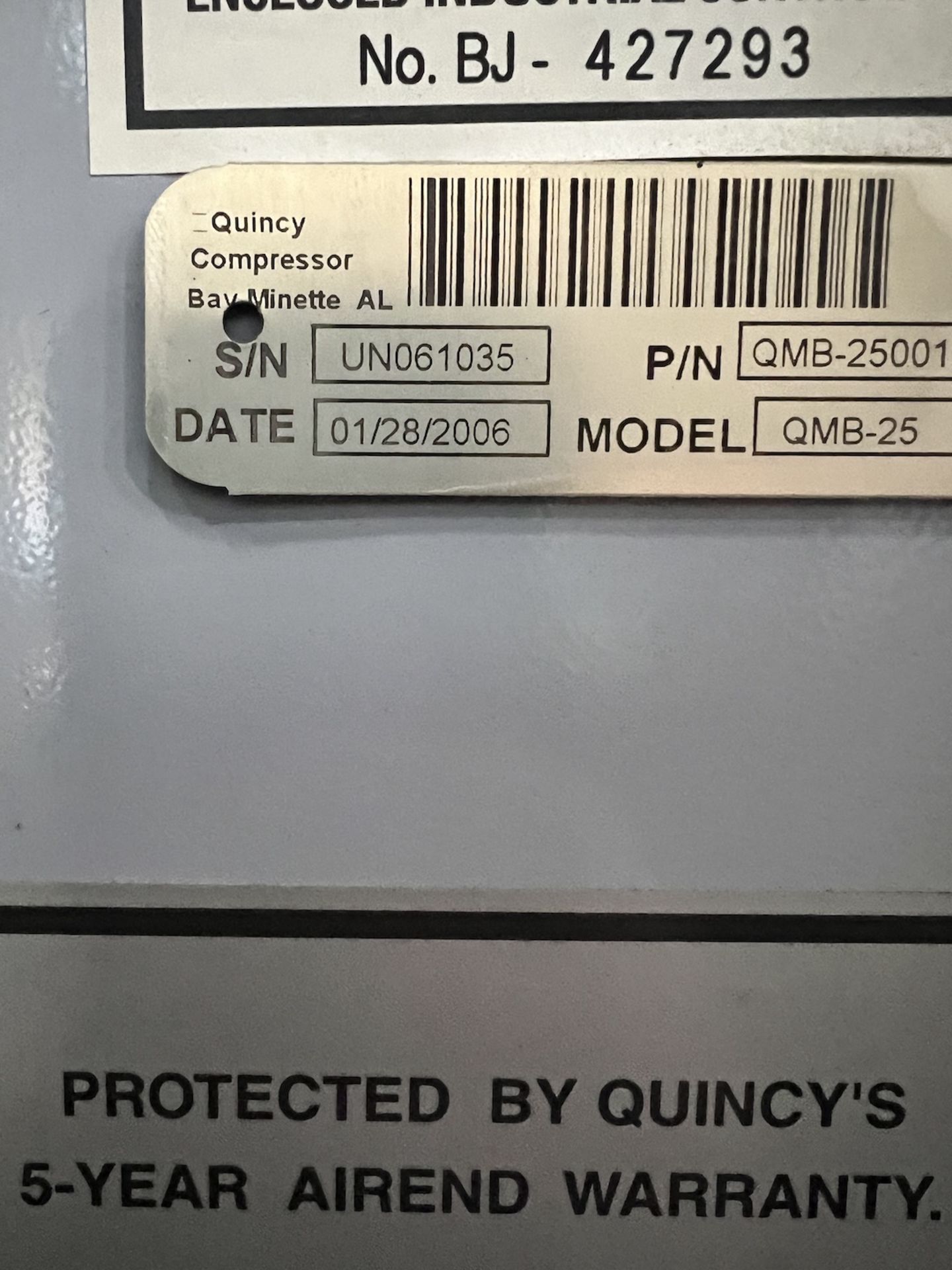 QUINCY AIR COMPRESSOR, MODEL QMB-25, S/N UN061035, 1,442 HOURS, 25-HP, 460 V (SIMPLE LOADING FEE $ - Image 11 of 17