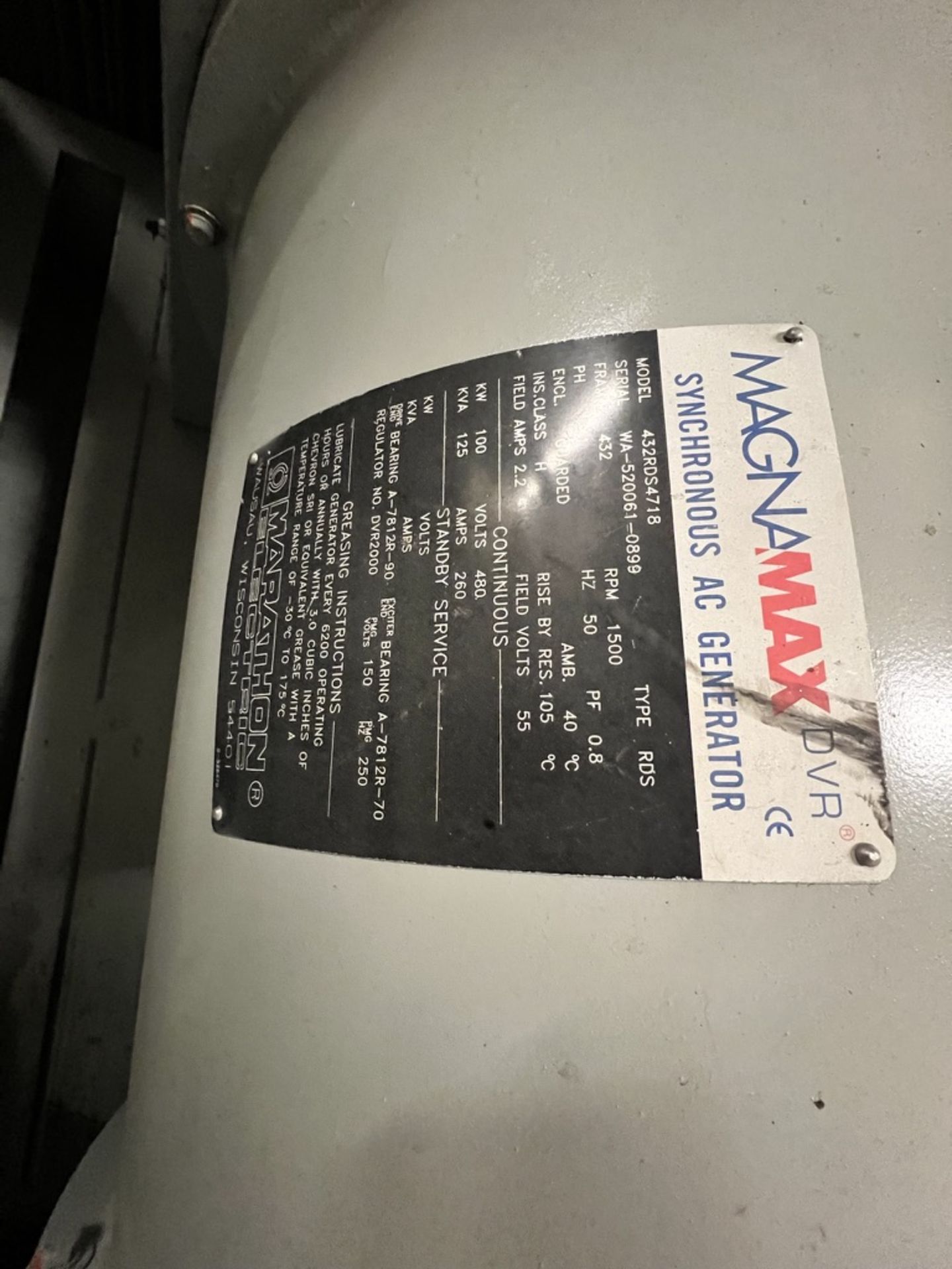 MAGNAMAX SYCHRONOUS AC GENERATOR, MODEL 432RDS4718, S/N WA-520061-0899, 50 HZ, 1500 RPM, 100 KW, 125 - Image 15 of 17