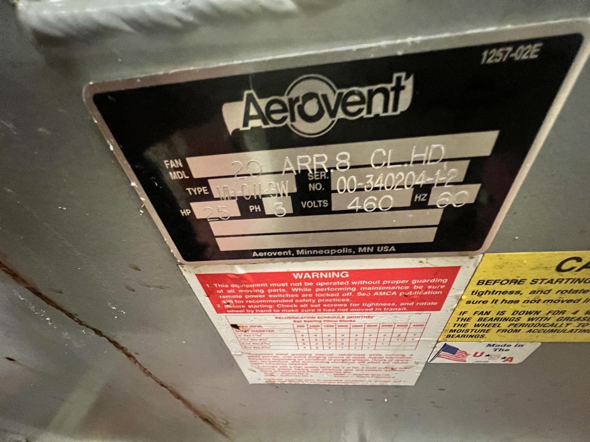 AEROVENT 25-HP HIGH PRESSURE RADIAL FAN, MODEL MH-OW-SW, S/N 00340204-1-2, 3 PHASE, 460 V - Image 4 of 6