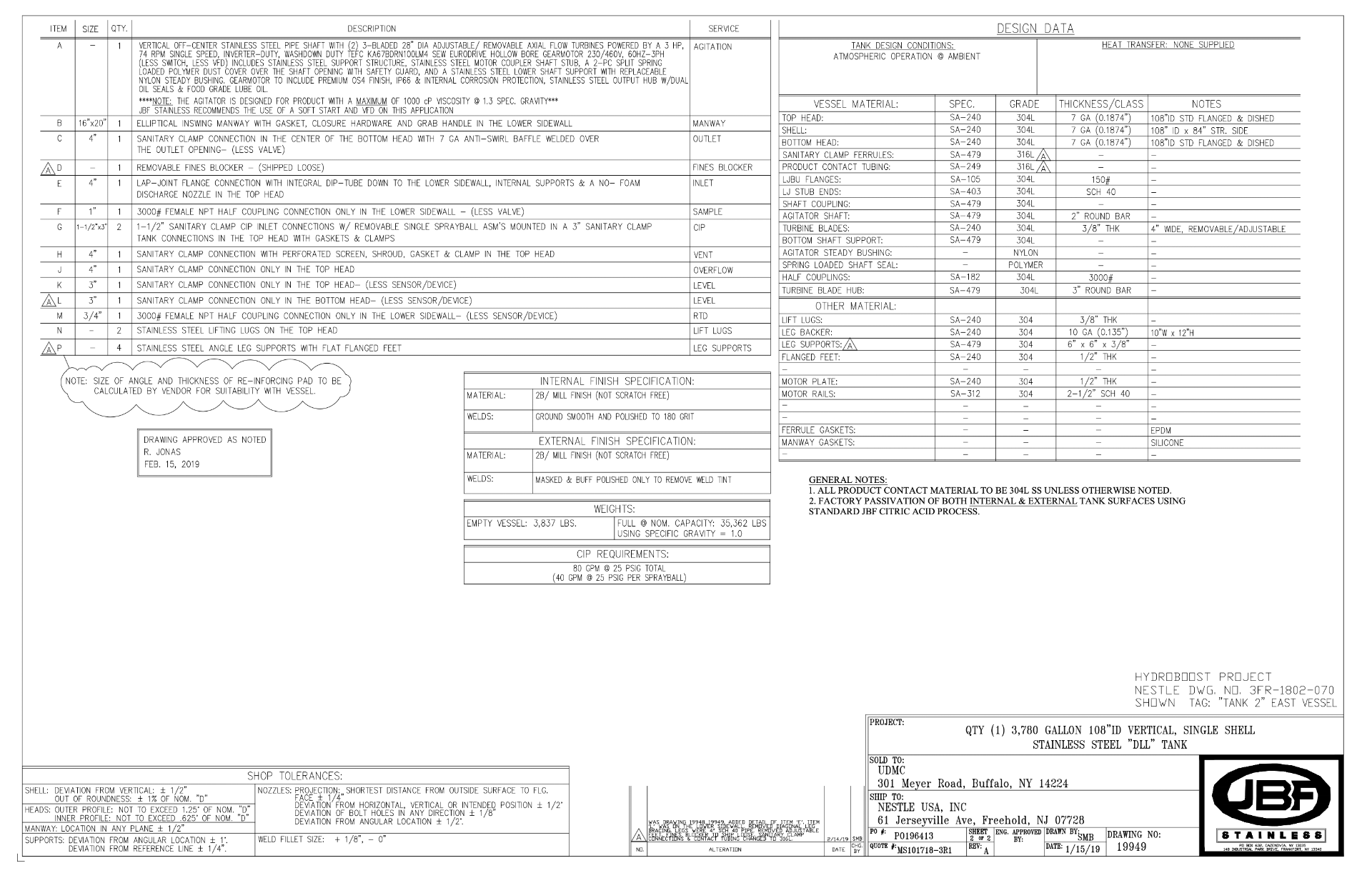 2020 JBF 3,780 GALLON S/S MIXING TANK, S/N 19949, TOP-MOUNT PROP STYLE AGITATION, APPROX. 108 IN. - Image 3 of 17