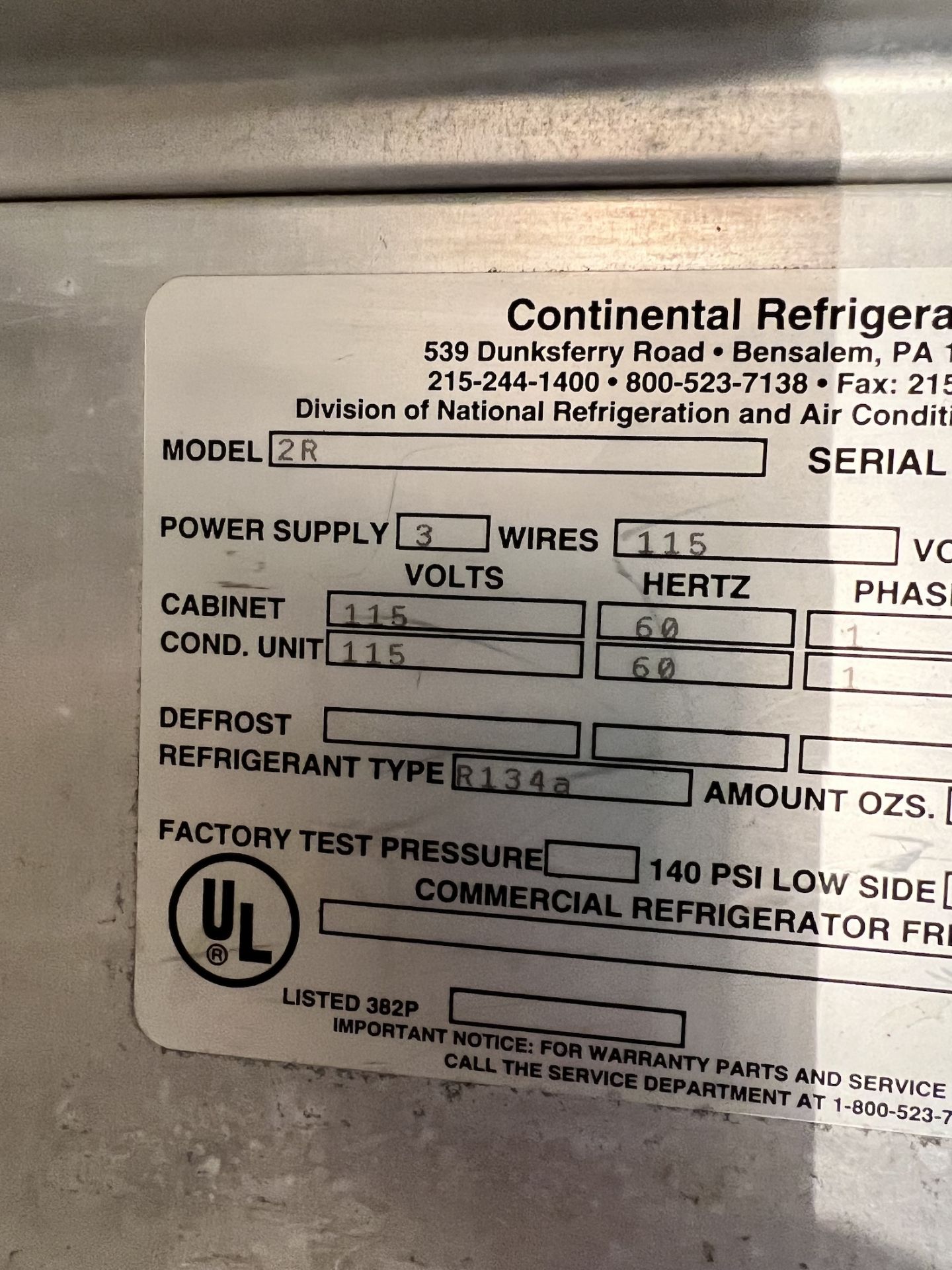 CONTINENTAL 2-DOOR S/S REFRIGERATOR, MODEL 2R, 115 V, 1 PHASE (SIMPLE LOADING FEE $220) - Image 6 of 8