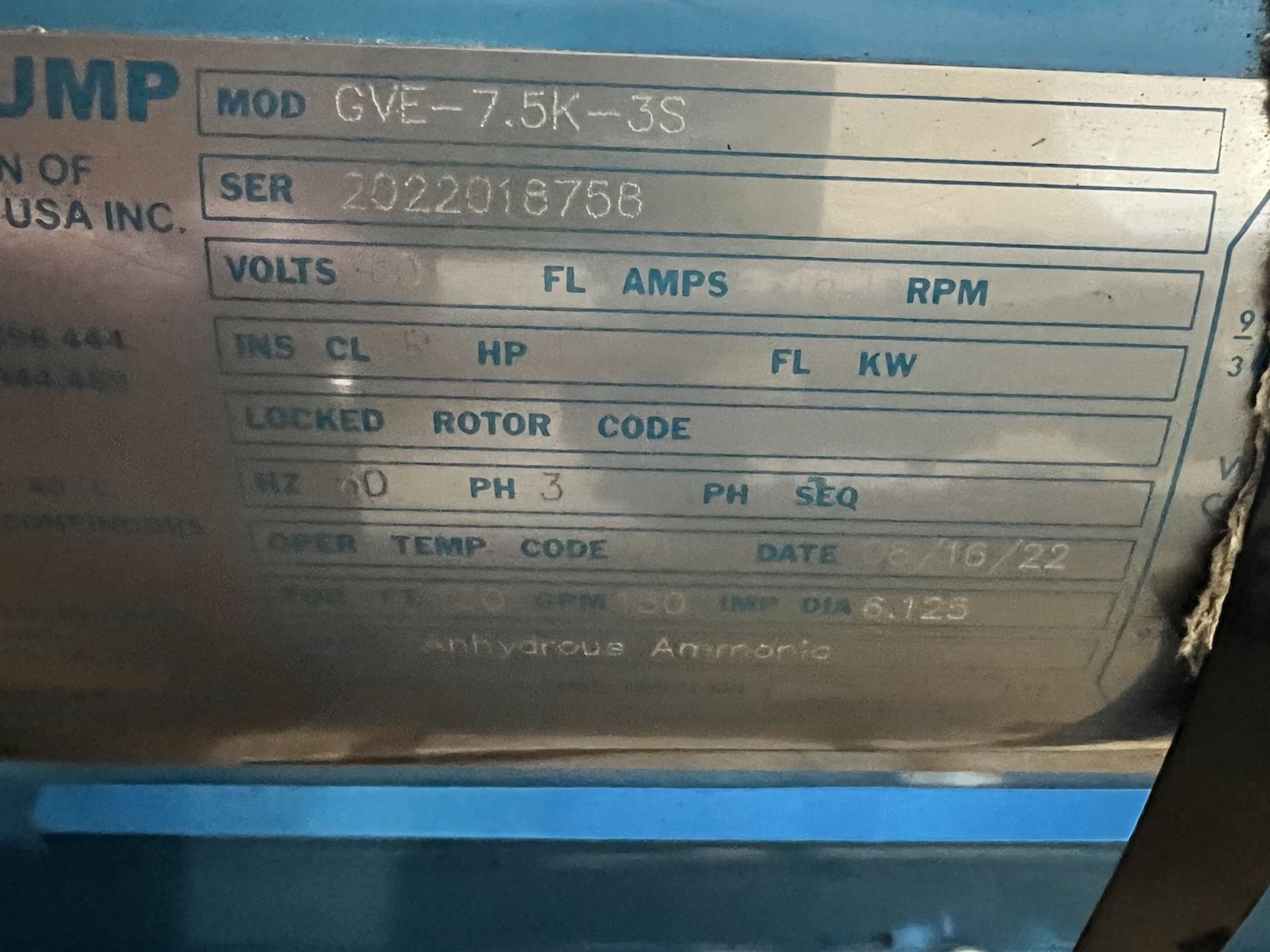 NEW CHEMPUMP G-SERIES AMMONIA PUMP, MODEL GVE-7.5K-3S, 12.2 HP, 460 V (SIMPLE LOADING FEE $110) - Bild 8 aus 12