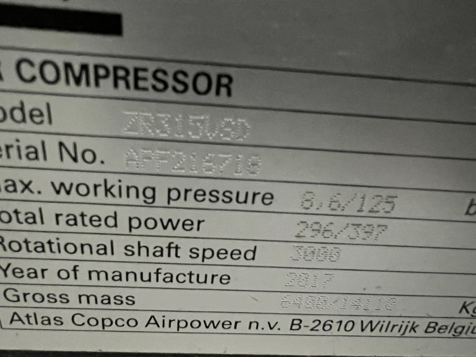 2017 ATLAS COPCO AIR COMPRESSOR, MODEL ZR315 VSD-FF, S/N APF216718, 8.6 BAR 125 PSI, 19,863 HOURS - Image 4 of 56