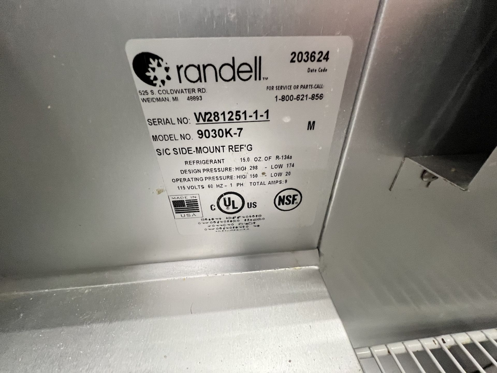 RANDELL REACH IN SANDWICH / SALAD REFRIGERATOR, MODEL 9030K-7, S/N W281251-1-1 - Image 9 of 9