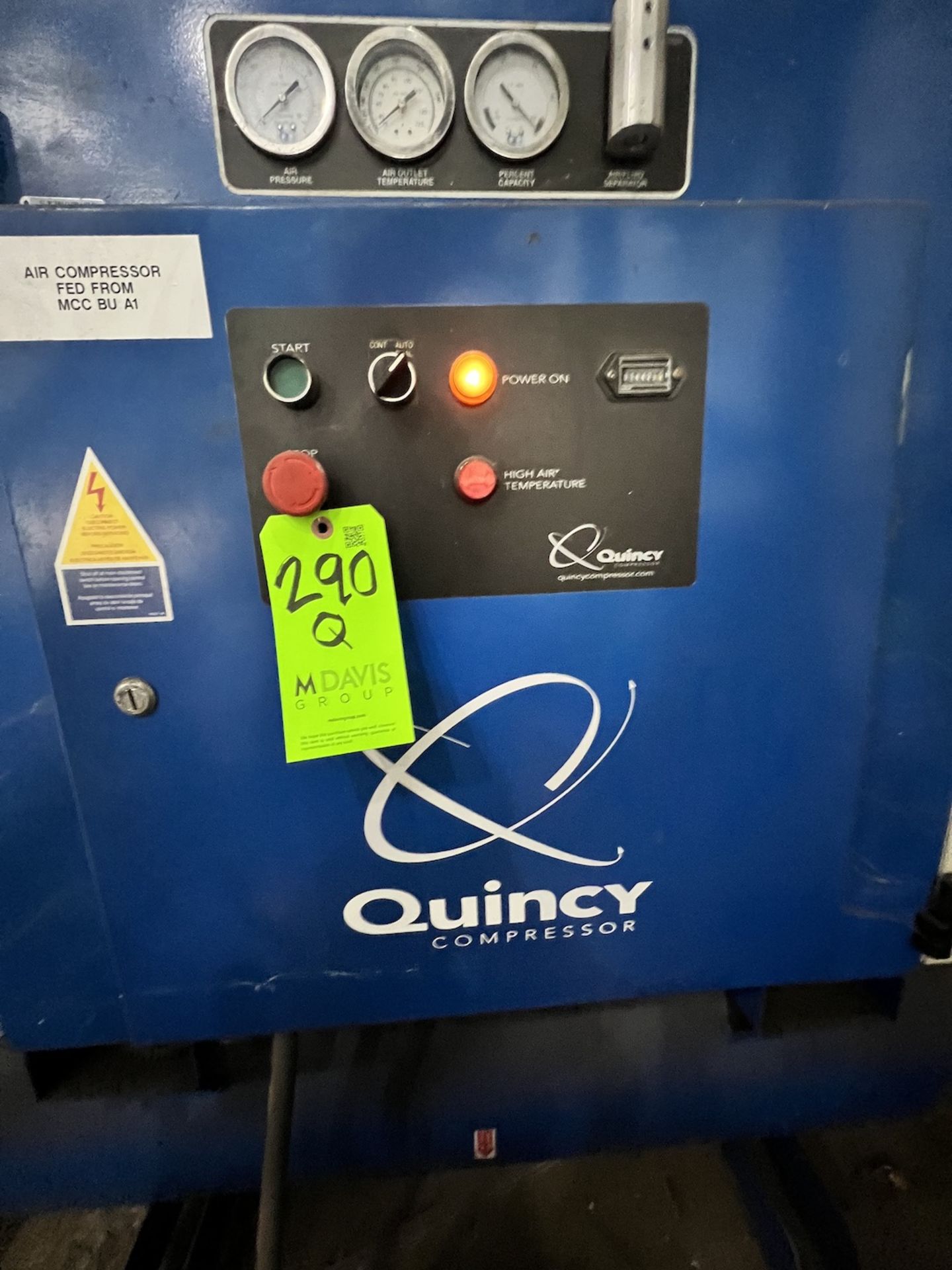 QUINCY AIR COMPRESSOR, MODEL QMB-25, S/N UN061035, 1,442 HOURS, 25-HP, 460 V (SIMPLE LOADING FEE $ - Image 2 of 17