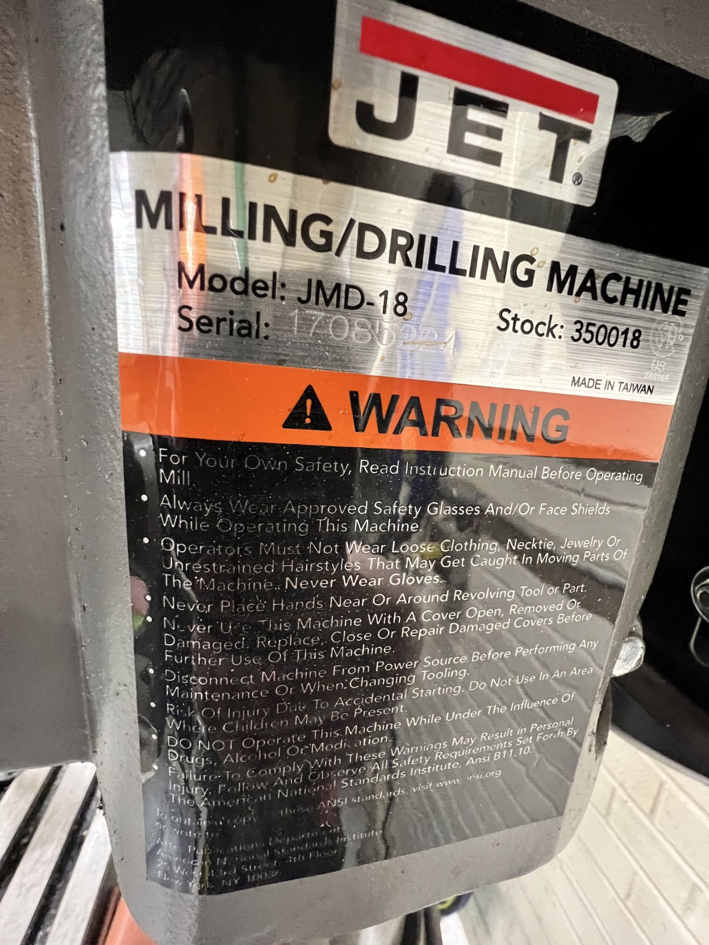 JET PEDESTAL MILLING / DRILLING MACHINE, MODEL JMD-18, S/N 17085221, STOCK 350018 - Image 4 of 6