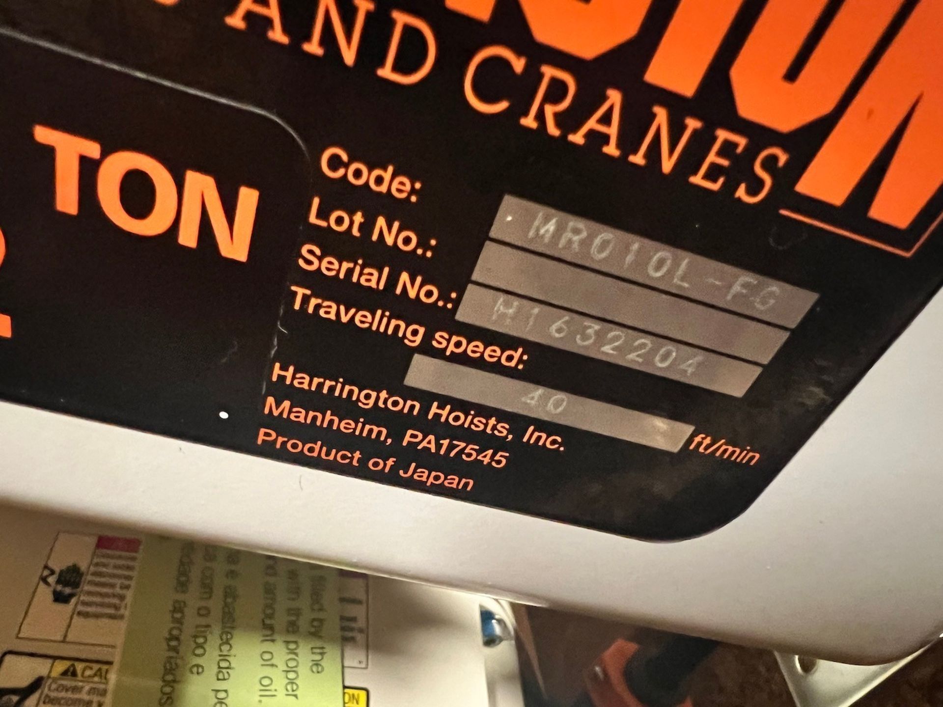 NEW Harrington 1/2 Ton Electric Chain Hoist # H1632204, CODE MR01OL-FG, 20' Lift, 460 Volt, 40 Ft/ - Image 4 of 5